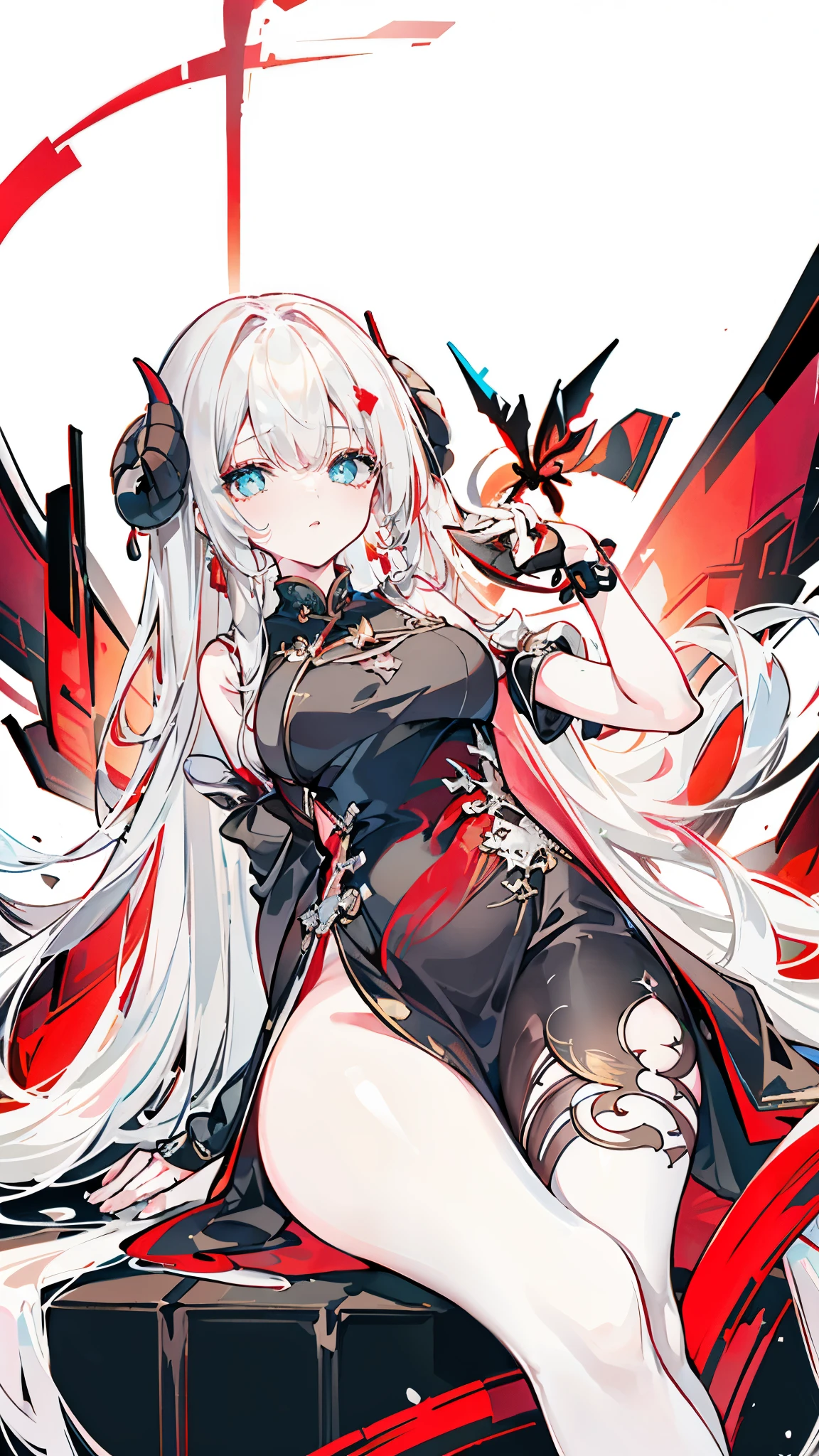 a girl，Sheep&#39;s horn, full color,  long white hair, Red eyes ，Eyeliner,  black transparent clothes, Red, open air, Rose, night, ruins, Butterfly，mine same as the original, mine, , (:1.2)
rest, (cheongsam), (view from below), (Put your arms behind your back), (wild lift), thin dress, Crotch cutout, best quality, high resolution, unified 8k wallpaper, (illustration:0.8), (Beautiful and delicate eyes:1.6), extremely detailed face, perfect lighting, Very detailed cg, (perfect hands, perfect anatomy),soles of feet，sitting，blond，red lips，Acting cuegs close-up