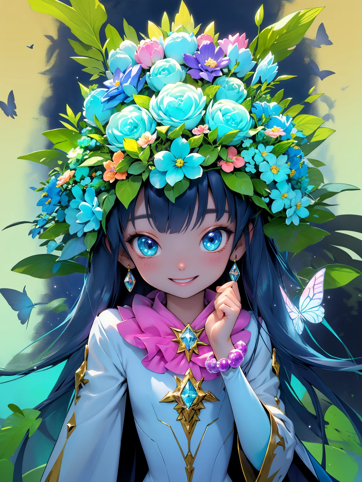 Digimon,having fun,1girl,illustration,colorful,vibrant lights,sparkling,detailed eyes,long hair,bright smile,playful pose,excited expression,towering trees,forest,pond,crystal clear water,butterflies,flowers,bubbly atmosphere,cute companions,fantasy world,magical adventure,best quality,ultra-detailed,portrait,vivid colors,daytime lighting