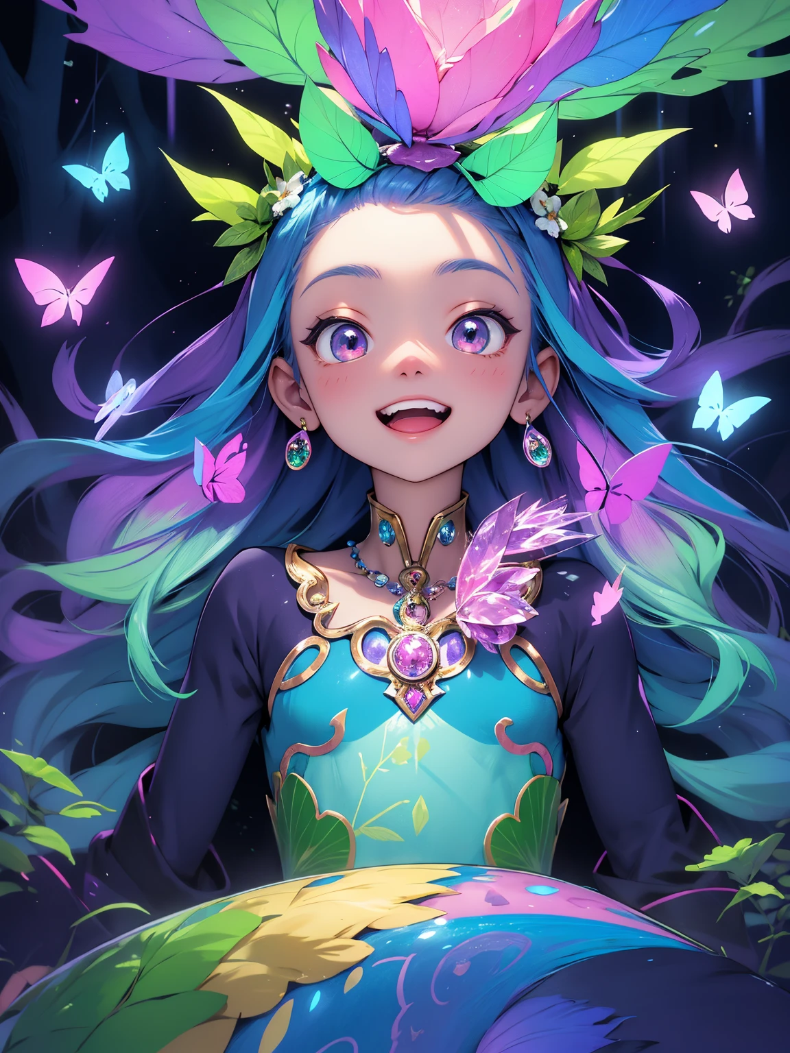 Digimon,having fun,1girl,illustration,colorful,vibrant lights,sparkling,detailed eyes,long hair,bright smile,playful pose,excited expression,towering trees,forest,pond,crystal clear water,butterflies,flowers,bubbly atmosphere,cute companions,fantasy world,magical adventure,best quality,ultra-detailed,portrait,vivid colors,daytime lighting