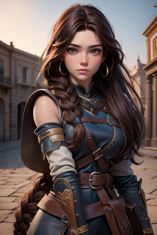 (Obra maestra, La mejor calidad) young 18 year old woman, Cabello largo, ojos azules, cabello rubio, brown hair, tenencia, boca cerrada, Parte superior del cuerpo, arma, trenza, al aire libre, tenencia arma, armadura vikinga, Estilo Juego de Tronos, medieval, realista.