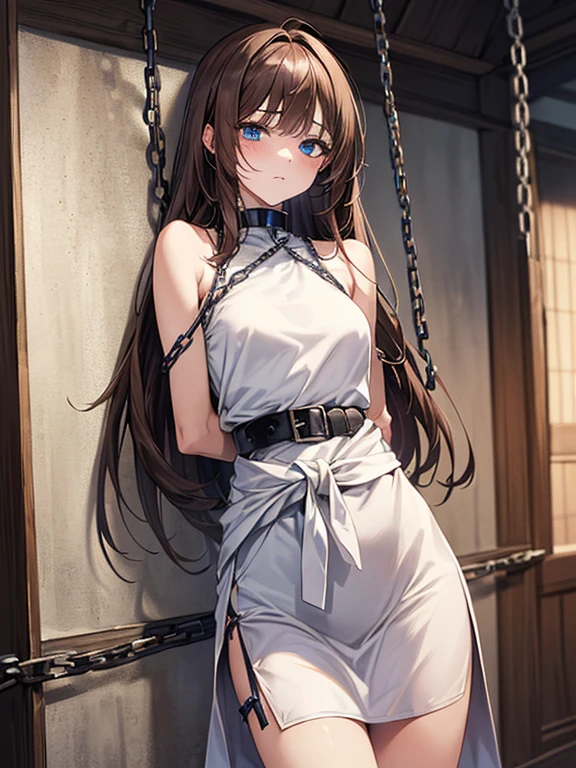 ((masterpiece)), ((best quality)), (ultra-detailed), NSFW, ((torture chamber)),(torture),(((single narrow belt strongly bound waist))),a cute girl, 1girl, solo, (white mini tanktop dress),(chain bound arms), (both hands are bound and is hung from the ceiling),((thin waist)),((bdsm)),beautiful brown hair, beautiful blue eyes, (beautiful eyes), long hair,troubled expression