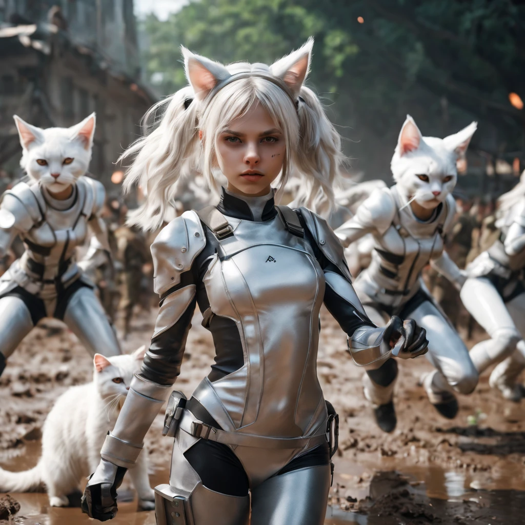 On a muddy battlefield, in an apocalyptic scene, a 13 year old catgirl officer who is the perfect likeness of SandraOv4, with white cat ears, wearing a vaultsuit with iridescent white hair rallies her fellow 13 year old vaultgirl troops for the next charge, dynamic pose, masterpiece, 4k, dynamic shadows, cinematic, photographic.