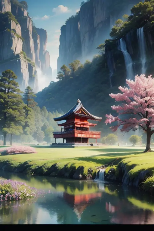 beautiful sanctuary landscape, flores de cerejeira, pinheiros, anime arte de fundo, art style of japan, linda cena de anime, det...