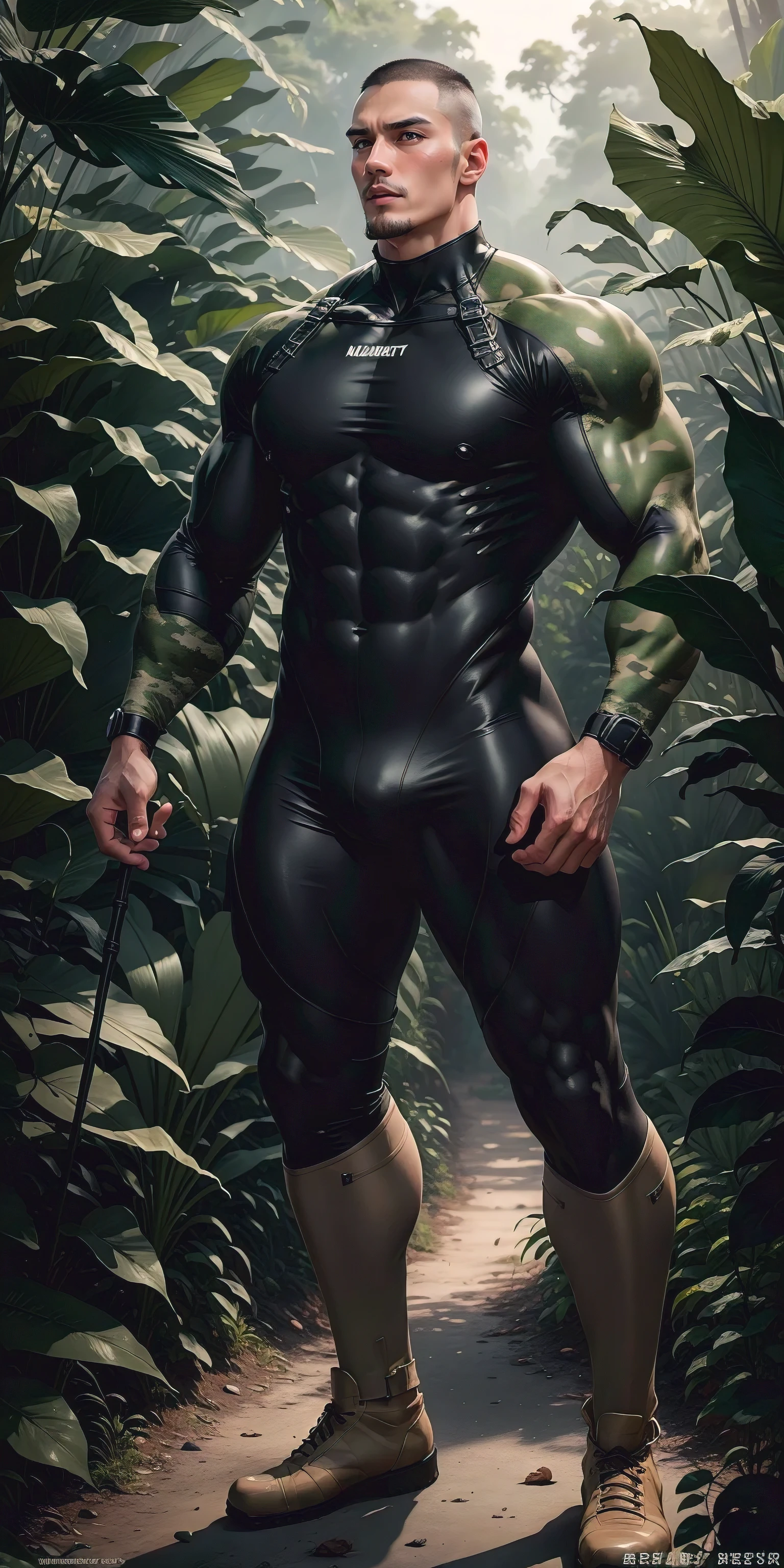 Tall giant muscular man with his mouth open and screaming.，Khaki camouflage uniform，tough guy，Buzz Cut，white short hair，Wearing a khaki camouflage wetsuit，matte texture，regular symmetrical texture pattern，Standing in the dark sugar cane jungle, The body  wrapped in thick rattan，Sad expression，Deep and charming eyes，The hero with emerald pupils，heroic male pose，高urly，muscular！Charming leg muscles，High, burly, Heqiang， Wearing a khaki camouflage wetsuit， Super gain and cool， high resolution committee， Big feet in black boots，Charming strong man，The bright sunshine shines on you，Matte particles with shiny texture