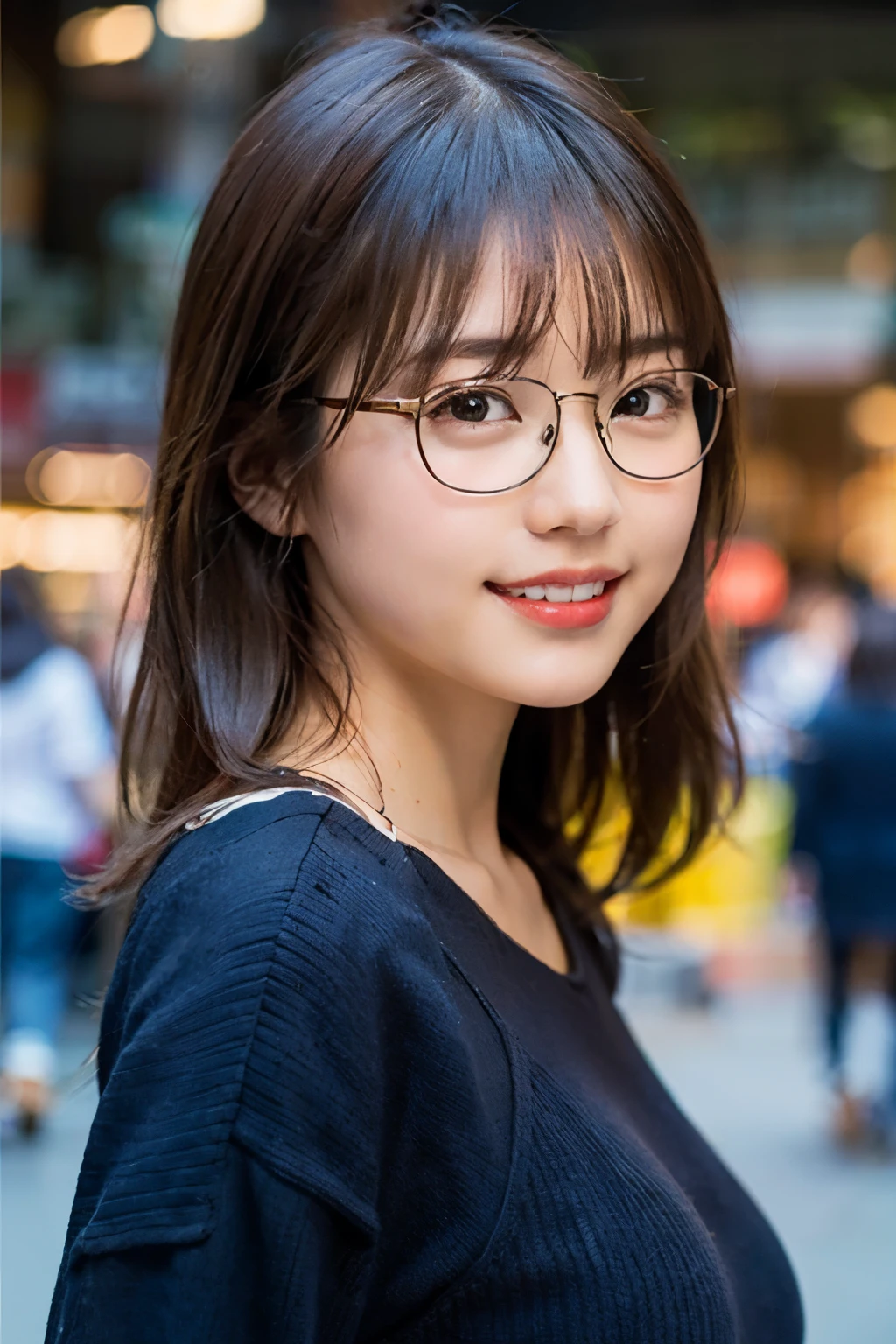 (8K、Raw photo、highest quality、masterpiece:1.2)、(realistic、Photoreal:1.37)、super detailed、Super high resolution、1 girl、see the beholder、beautiful and detailed face、A smile with a little visible teeth、(slim waist) :1.3)、((cute clothes))、thick winter clothes、Beautiful and smooth skin、skin texture、floating hair、((Fluffy hairstyles))、good shape big breasts、professional lighting、Winter Day、Shopping street in front of the station、((Glasses without a frame at the top))、human body as a whole、black hair、((Shameful appearance))、pay attention to the audience、