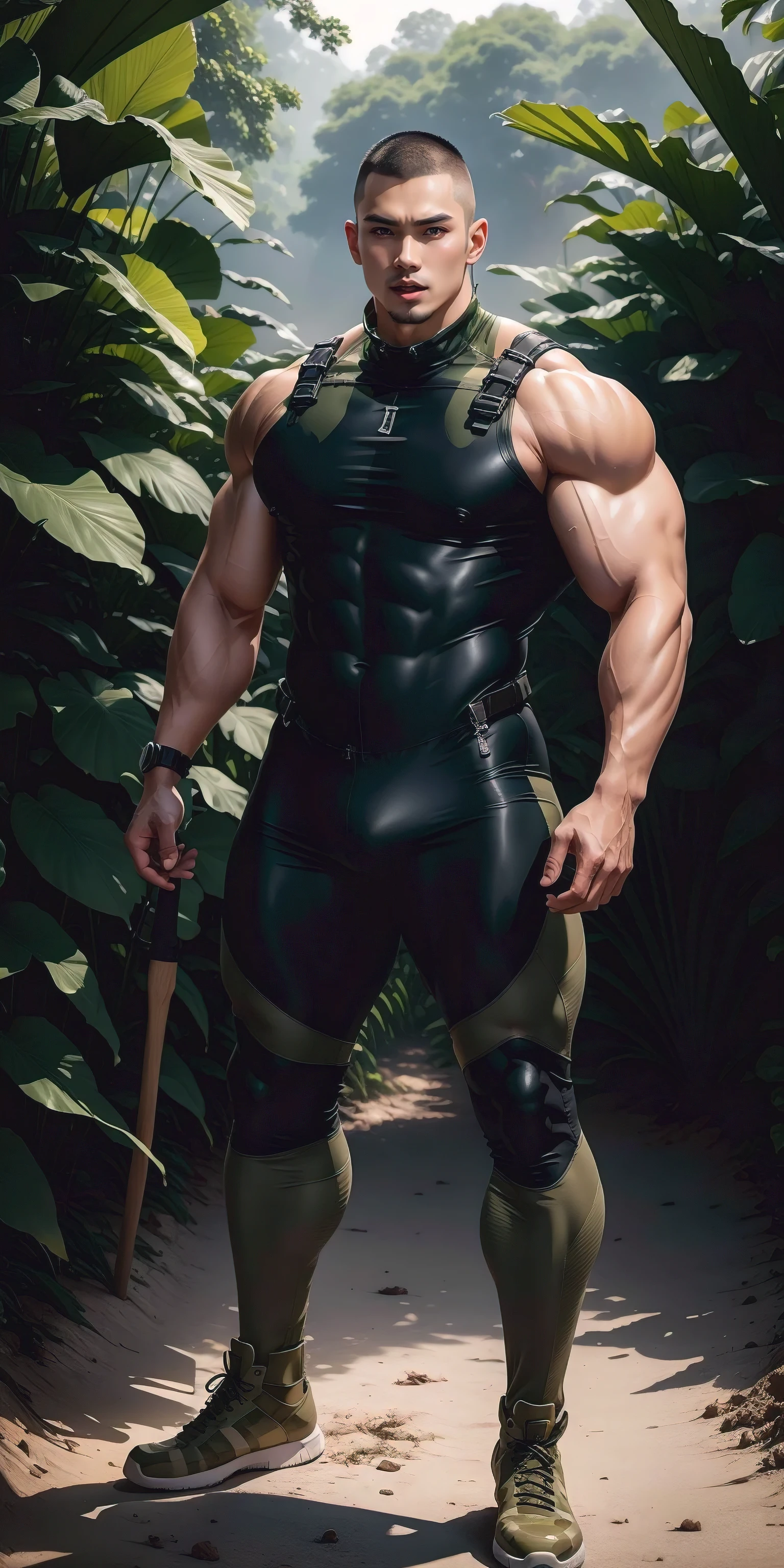 Homem alto e musculoso gigante com a boca aberta e gritando.，Uniforme camuflado cáqui，Cara durão，Buzz Cut，cabelo curto branco，Vestindo uma roupa de mergulho camuflada cáqui，Textura fosca，Padrão de textura simétrica regular，Parado na selva escura de cana-de-açúcar, O corpo envolto em rattan grosso，expressão triste，Olhos profundos e encantadores，O herói com pupilas esmeraldas，pose masculina heróica，url alto，muscular！Músculos encantadores das pernas，alto, Corpulento, Heqiang， Vestindo uma roupa de mergulho camuflada cáqui， Super ganho e legal， comitê de alta resolução， Pés grandes em botas pretas，Homem forte e charmoso，A luz do sol brilhante brilha em você