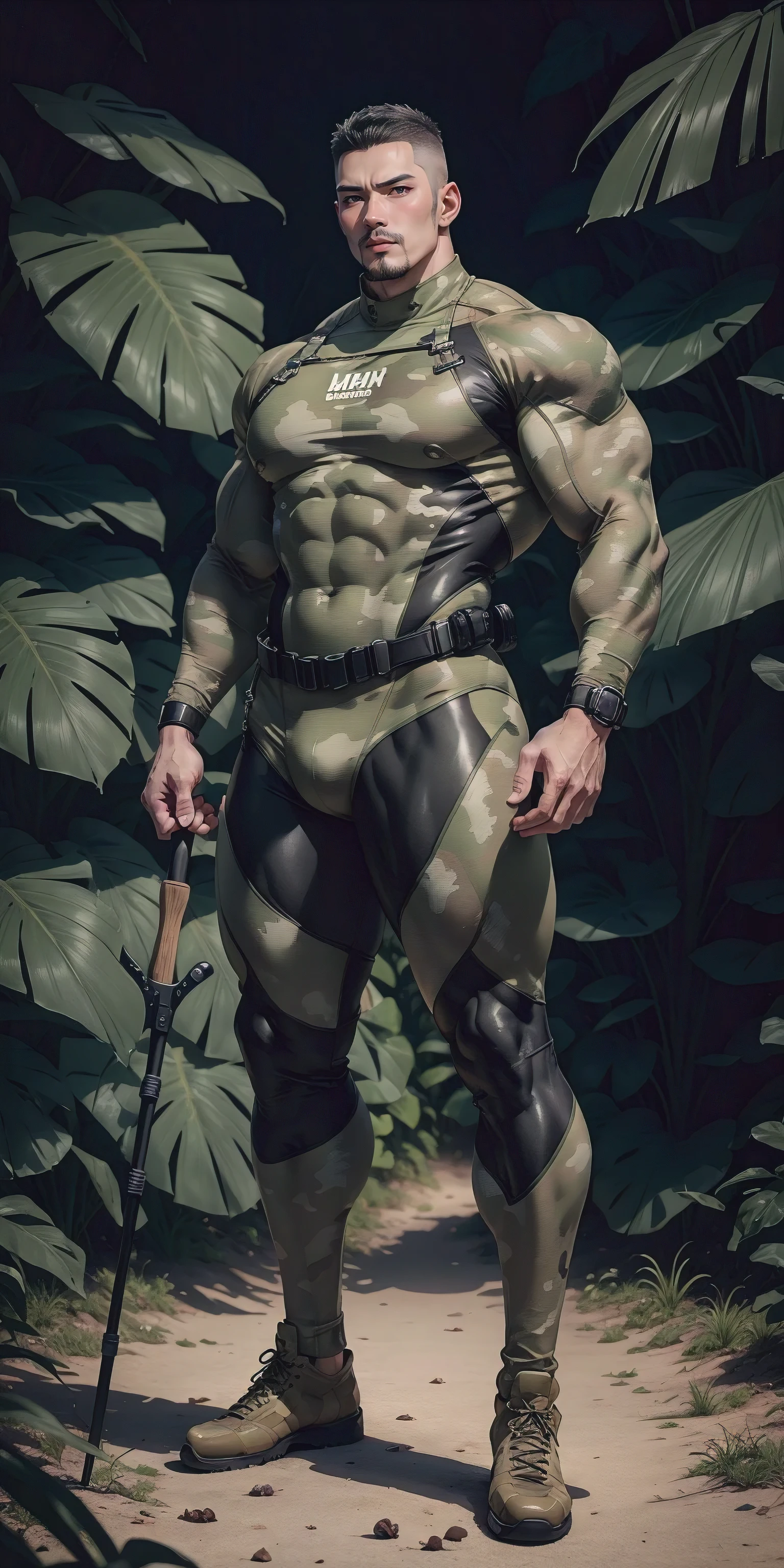 Tall giant musclé man with his mouth open and screaming.，Uniforme de camouflage kaki，un dur à cuire，coupe à la mode，cheveux courts blancs，Porter une combinaison camouflage kaki，texture mate，motif de texture symétrique régulier，Debout dans la jungle sombre de la canne à sucre, Le corps enveloppé dans un épais rotin，expression triste，Des yeux profonds et charmants，Le héros aux pupilles émeraude，pose masculine héroïque，haute URL，musclé！Charmants muscles des jambes，haut, costaud, Heqiang， Porter une combinaison camouflage kaki， Super gain et cool， comité haute résolution， Gros pieds en bottes noires，Homme fort et charmant，Le soleil éclatant brille sur toi