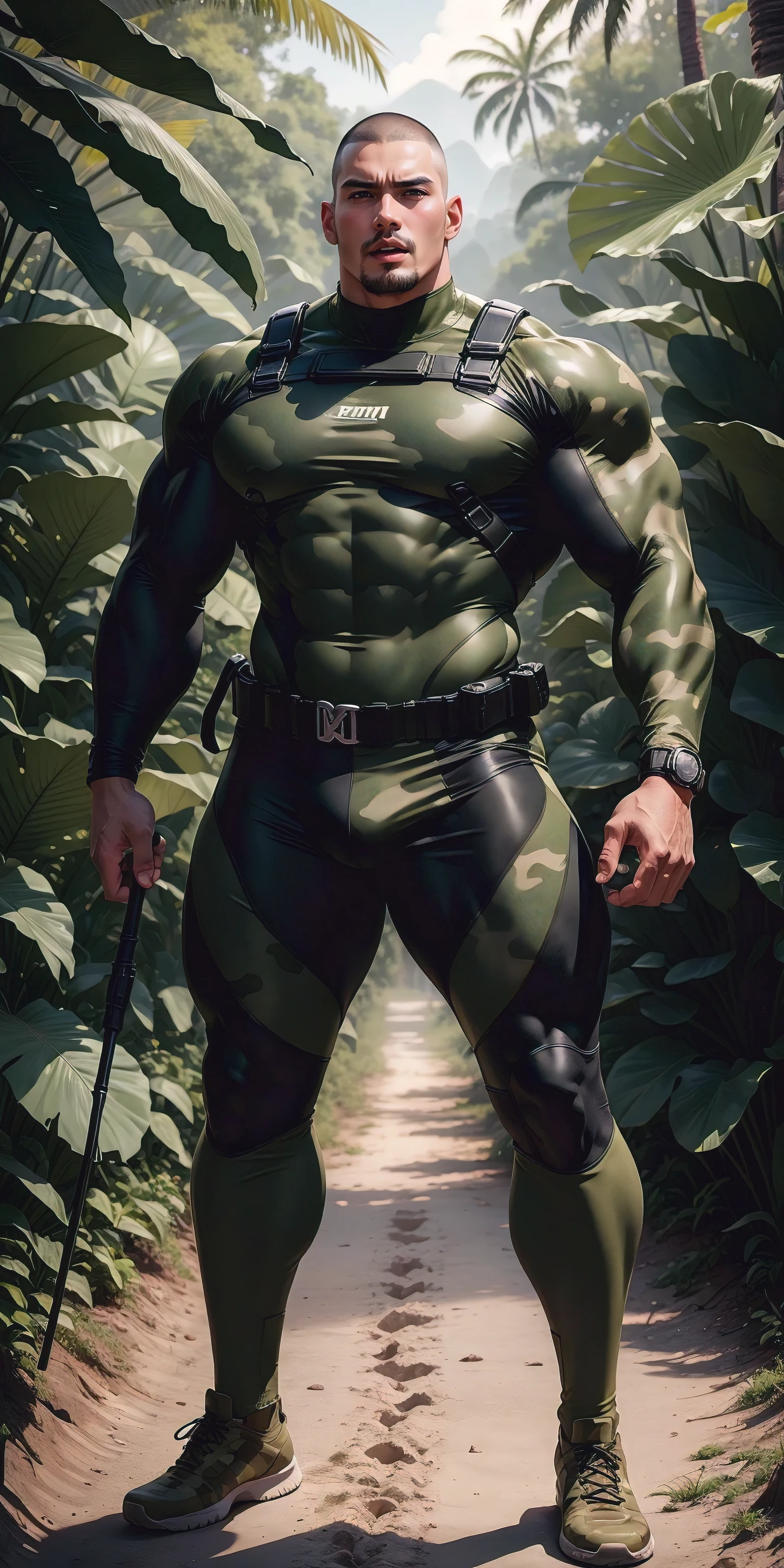 Tall giant musclé man with his mouth open and screaming.，Uniforme de camouflage kaki，un dur à cuire，coupe à la mode，cheveux courts blancs，Porter une combinaison camouflage kaki，Porter une bouée de sauvetage gonflable，motif de texture symétrique régulier，Debout dans la jungle sombre de la canne à sucre, Le corps enveloppé dans un épais rotin，expression triste，Des yeux profonds et charmants，Le héros aux pupilles émeraude，pose masculine héroïque，haute URL，musclé！Charmants muscles des jambes，haut, costaud, Heqiang， Porter une combinaison camouflage kaki， Super gain et cool， comité haute résolution， Gros pieds en bottes noires，Homme fort et charmant，Le soleil éclatant brille sur toi