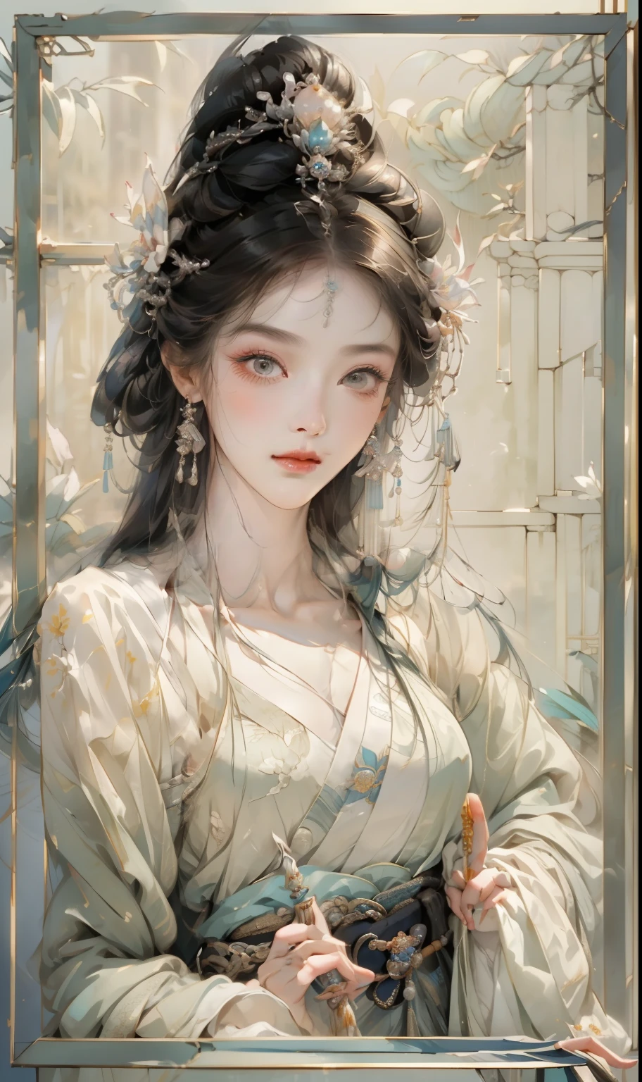 Close-up of a woman holding a fan and mirror, beautiful fantasy queen, ((A beautiful fantasy domineering character painting, palace ， A girl wearing Hanfu, ancient chinese princess, Inspired by Qiu Ying, Inspired by Lan Ying, Inspired by Du Qiong, Inspired by Tang Yifen, Beautiful rendering of the Tang Dynasty, Queen of China