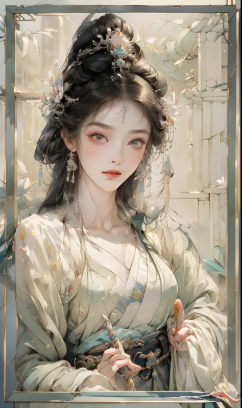 Close-up of a woman holding a fan and mirror, beautiful fantasy queen, ((A beautiful fantasy domineering character painting, pal...