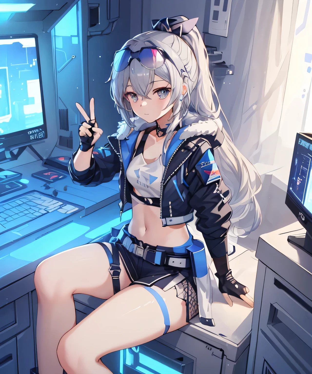 (masterpiece, lifelike,best quality, Extremely detailed CG,beautiful and delicate eyes,super detailed,intricate details,from above),whole body,1 girl,young,13 years old,young,long hair,Metal wool,white hair,high bone tail,Moderate,navel,silver eyes,giggle,((peace sign,sitting,),crown,Wearing blue sunglasses,fingerless gloves,cyberpunk jacket),Detailed background((space station,Fluorescent blue light,Holy Aura,Science fiction theme)), 