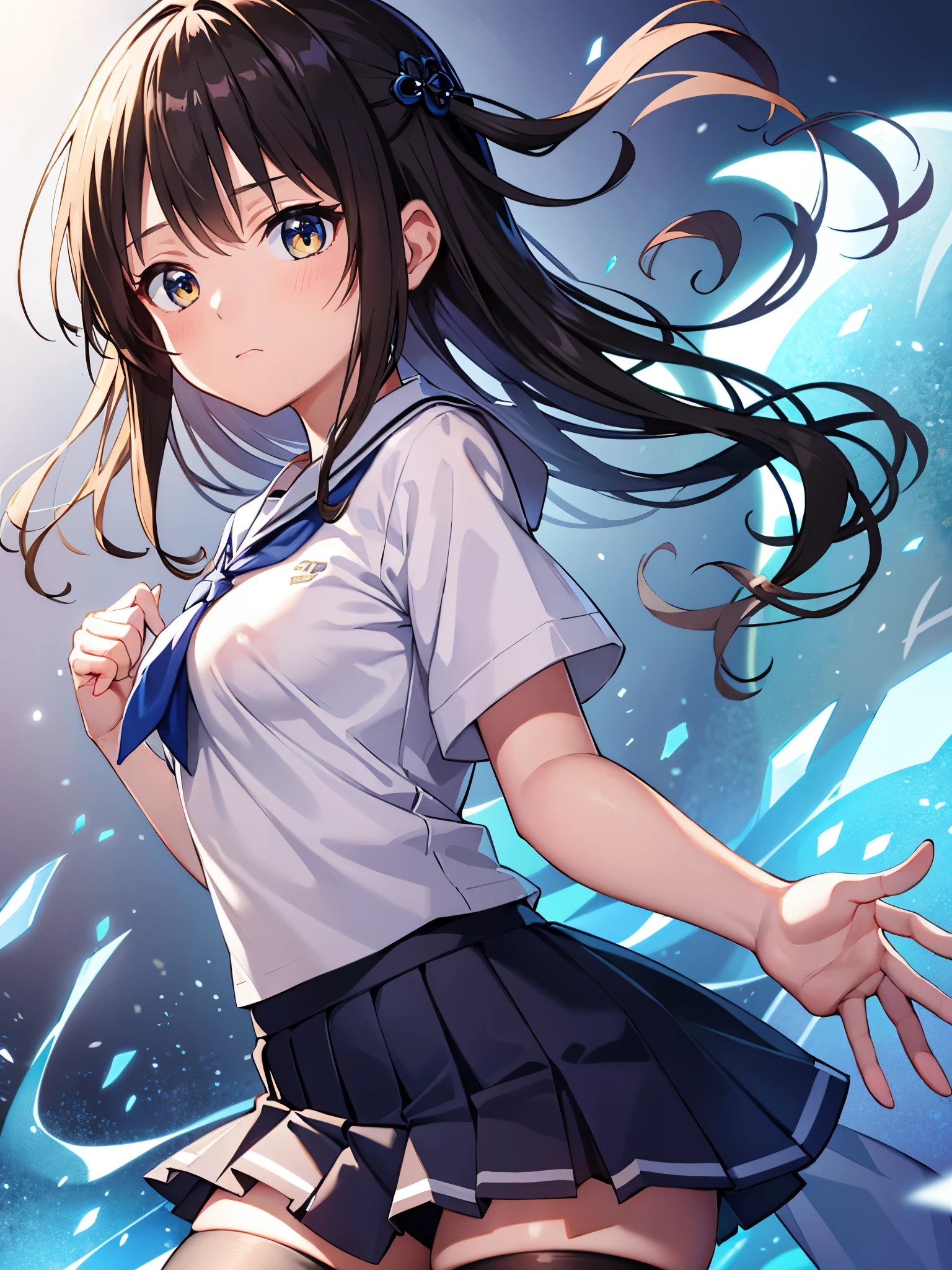 (1 girl),(high quality), (High resolution), (extremely detailed), (8K),(lower body shot),(She is wearing panties under her school uniform and short navy pleated skirt.),(wearing black knee-high stockings)not wearing shoes,perfect writing,(Beautifully erect nipple shape:1.2),High resolutionの美しい目,(neutral white lighting:1.2),Dancing in another world with strong winds