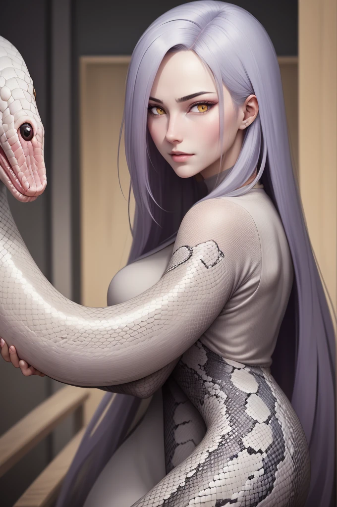 {-erro_de_anatomia:1.0} estilo anime, Masterpiece, absurdities, Orochimaru\(Naruto\), 1girl Solo, Mature woman, Oversized shirt with broad shoulders, Perfect composition, Detailed lips, large breasts, Beautiful face, body proportion, Blush, Long hair, yellow eyes, Soft gauze, Super realistic, Detailed, photo shoot, Realistic faces and bodies, masterpiece, best quality, best ( white snake) illustration, hyper detailed, 1 girl, solo, glamorous, blushing, whole body, on his back, backwards, looking back with a giant white snake wrapped around his arm