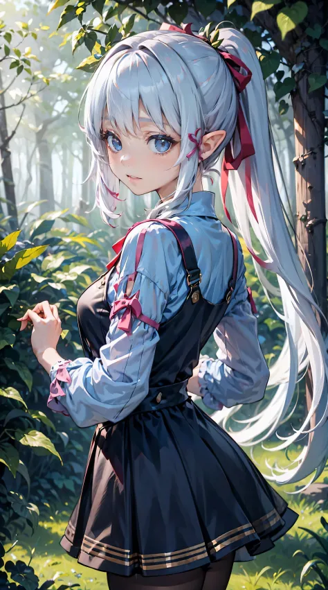 Fantastic forest、kawaii girl、Longhaire、velvet red hair color、elvish、slightly longer ears、a Light brown skirt、Attractive eyes