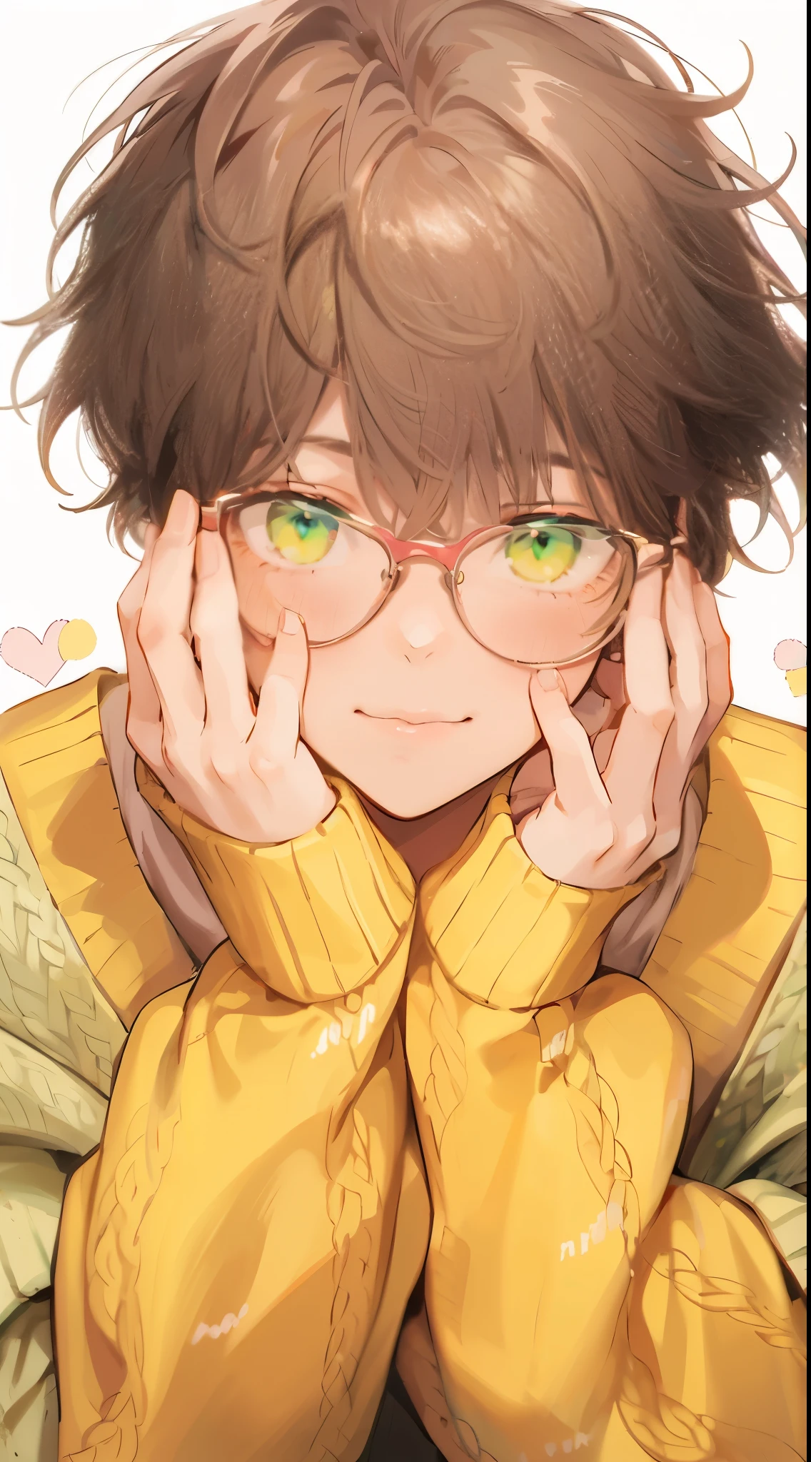 Beautiful young man, brown hair, yellow-green eyes, pink-framed glasses, yellow-green cardigan, gesture of fixing glasses, small heart,high quality, amount of drawing, pixiv illustration