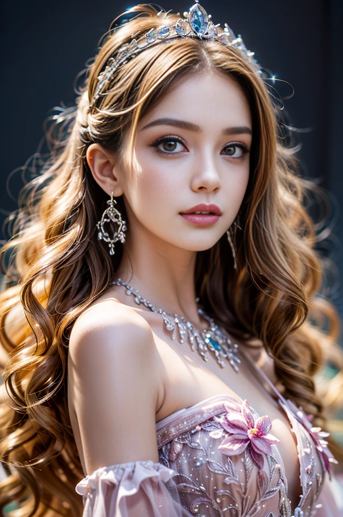 ((RAW shooting:1.5, realistic:1.5, 8K, highest quality, masterpiece, ultra high resolution)), Inside the luxurious British Royal Palace, professional camera work:1.3, Highly detailed skin and facial textures:1.3, glow light effect, Super detailed:1.3, 1 cute 15 year old british princess, Fair skin, Glossy skin, (elegant:1.4, small face), Ultimate Cute Face:1.5, (Clean eyes:0.9, looking far away), smile:1.0, (mouth is slightly open:0.4, Clean and refreshing taste:0.7), double eyelid, ((super long blonde curly hair)), tiara, necklace and earrings, ((elegantで光沢のあるサテンのプリンセスドレスをオフショルダーで正しく着こなす方法)), big breasts, cowboy shot