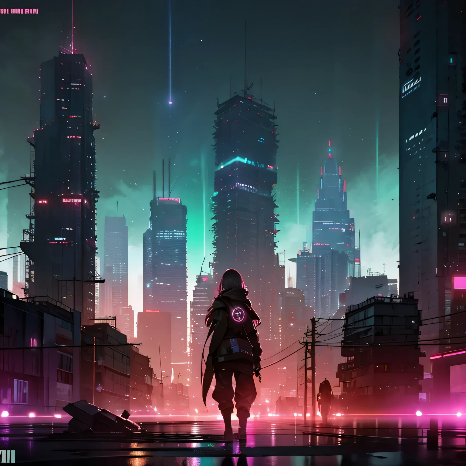 CIUDAD cyberpunk, noche, construcciones, letreros de neón, luces de neón, CIUDAD, paisaje urbano, soledad, sin personas en la escena, ninguna persona, calle desierta, riqueza de detalles, con texturas.