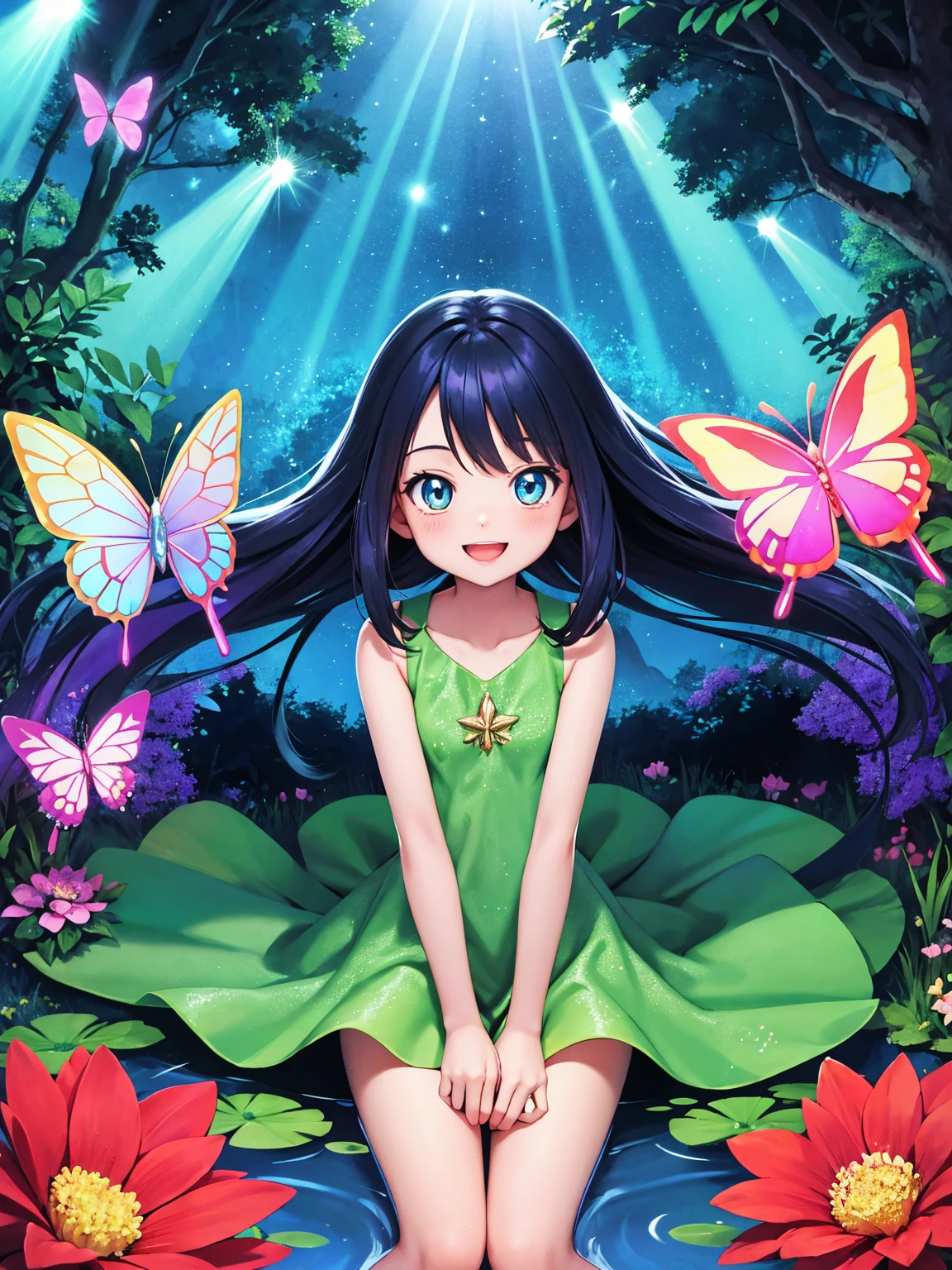 Digimon,having fun,1girl,illustration,colorful,vibrant lights,sparkling,detailed eyes,long hair,bright smile,playful pose,excited expression,towering trees,forest,pond,crystal clear water,butterflies,flowers,bubbly atmosphere,cute companions,fantasy world,magical adventure,best quality,ultra-detailed,portrait,vivid colors,daytime lighting
