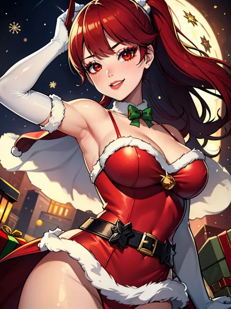 1girl, solo, masterpiece, best quality, high res, highly detailed, (illustration), beautiful detailed eyes, kasumi, red hair, pony tail, red eyes, ,lipstick, eye shadow, heavy makeup, warm smile, long white satin elbow gloves ,cowboy shot, (santa), red san...