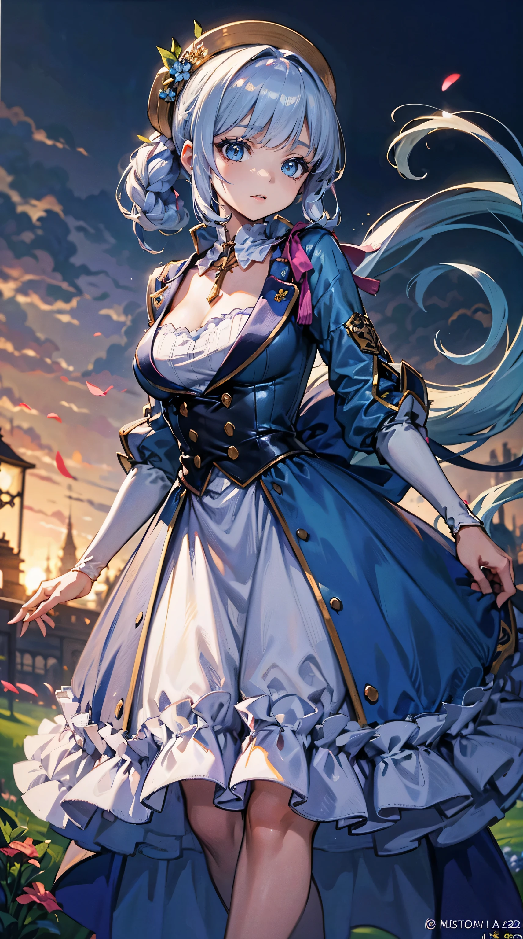 Official art, ヨーロッパの​masterpiece女性,, pale silver hair , azure eyes, (​masterpiece、top-quality、hight resolution: 1.4),in 8K, Anime Art Nouveau, highly detailed exquisite fanart, anime fantasy illustration, clean detailed anime art, detailed anime art, sharp focus of a person, Delicate Beautiful Hair and Eyes and Face, realisitic, ultra-detailliert, Flower Garden,((Delicate, delicate and cute hands)),((elegant shiny dress)),((Lots of races)),((lots of ruffles)),((lots of ribbons))