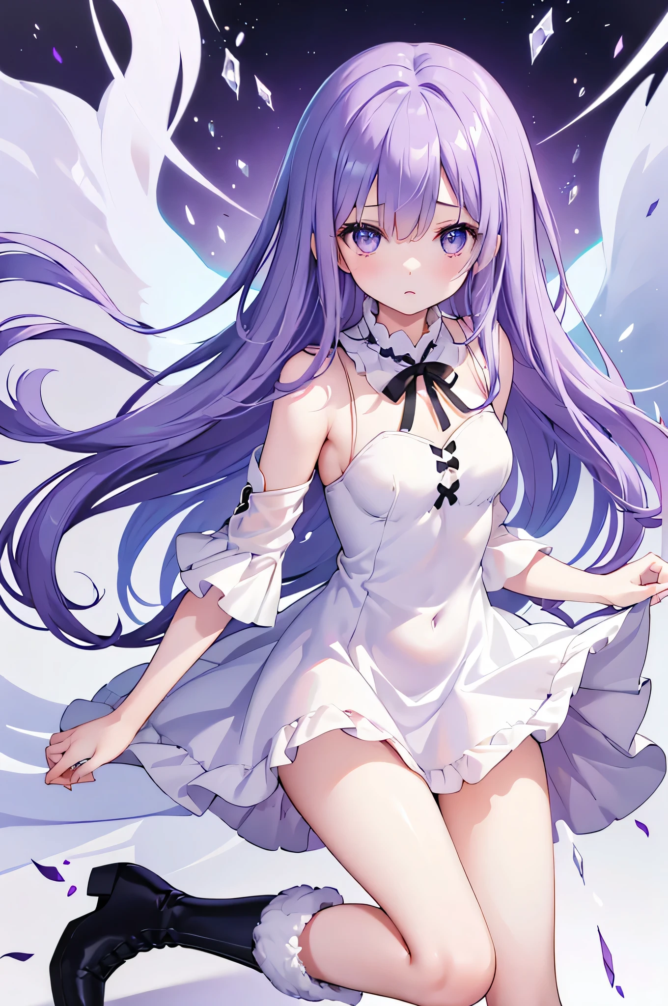 (debris flies, highest quality, ultra high resolution),1 girl,suit , beautiful and detailed face, fine eyes,((purple theme)),((whole body)),perfect eyes、no background,white background,((wearing black boots)),((Cute fluffy white dress)),Isshiki、model、beautiful thin legs、slender body,スーパーmodel