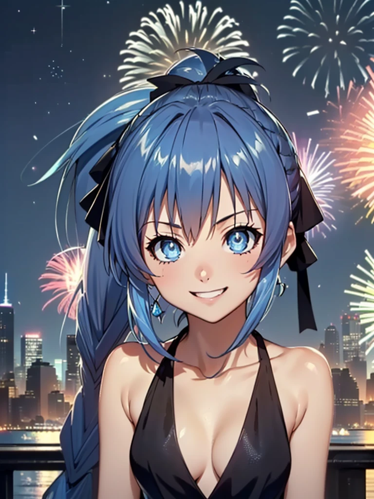 great quality ++ Extremely detailed high resolution, very aesthetic, expressive eyes, (((perfect face))), (((face symmetrical))), ((good anatomy)), (((perfect hands))), (((8k))), UHD, HD wallpaper, (((detailed high cal, (((1girl))), (((natsuru senou))), ((((smile)))), (((blue hair))), (((blue eyes))), (((spiked hair))), (((ponytail))), (((anime))), (((short hair))), (((mature female))), (((Milfication))), (((mature female))), (((narrow shoulders))), (((big breasts))), (((narrow waist))), (((black dress))), (((New york city))), (((new york new year))), (((new year))), (((fireworks))), (((1 beautiful girl))), Detailed fingers, Precise fingers, Not unnatural hands, strange eye, Red eyes, neckline, twin tails of black hair,
