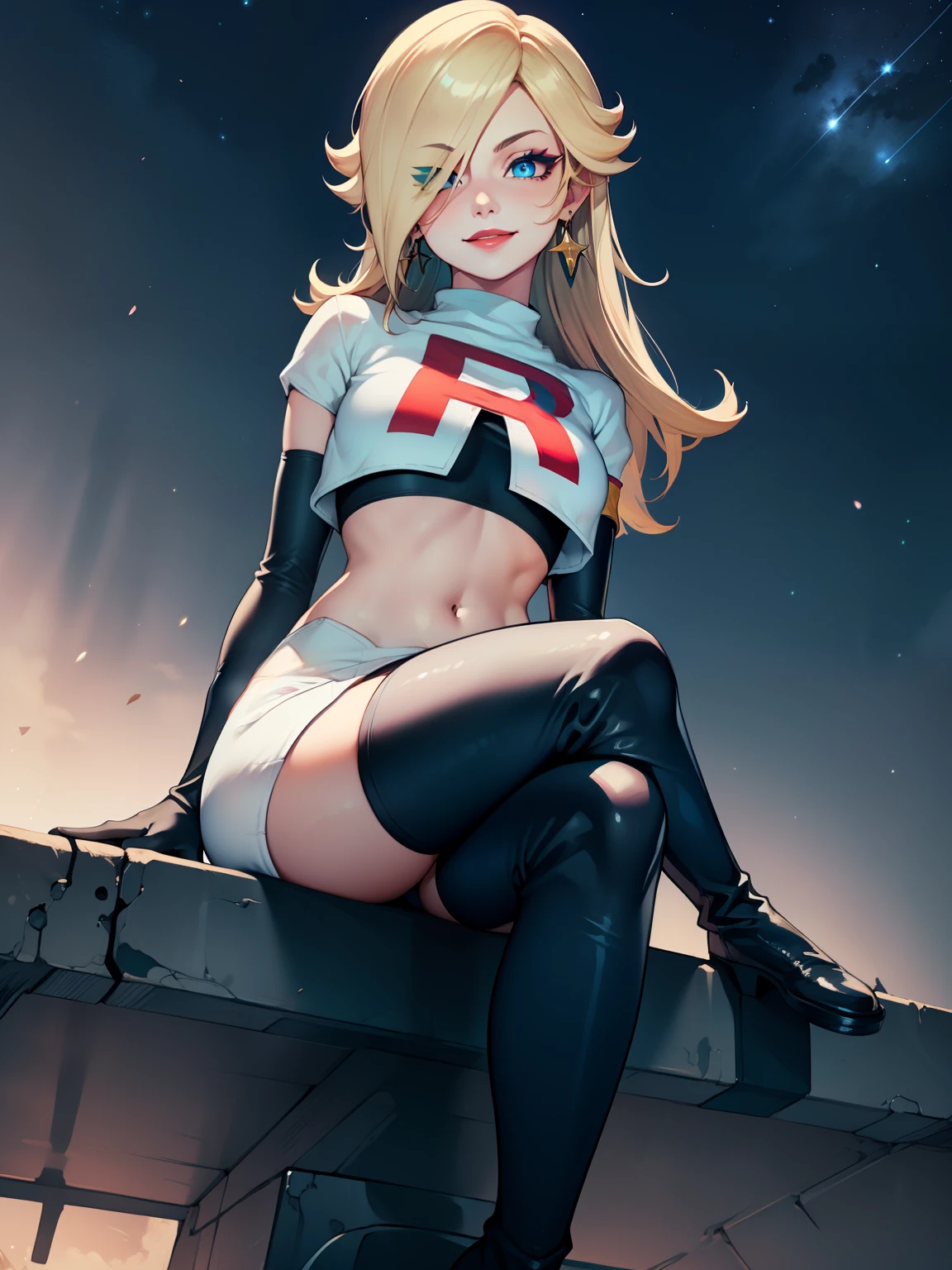 rosalina, ,earrings ,red lipstick, blue eye shadow, heavy makeup ,team rocket uniform, red letter R, white skirt,white crop top,black thigh-high boots, black elbow gloves, evil smile, looking down on viewer, sitting down ,legs crossed, night sky background