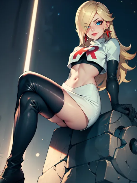 rosalina, ,earrings ,red lipstick, blue eye shadow, heavy makeup ,team rocket uniform, red letter R, white skirt,white crop top,black thigh-high boots, black elbow gloves, evil smile, looking down on viewer, sitting down ,legs crossed, night sky background