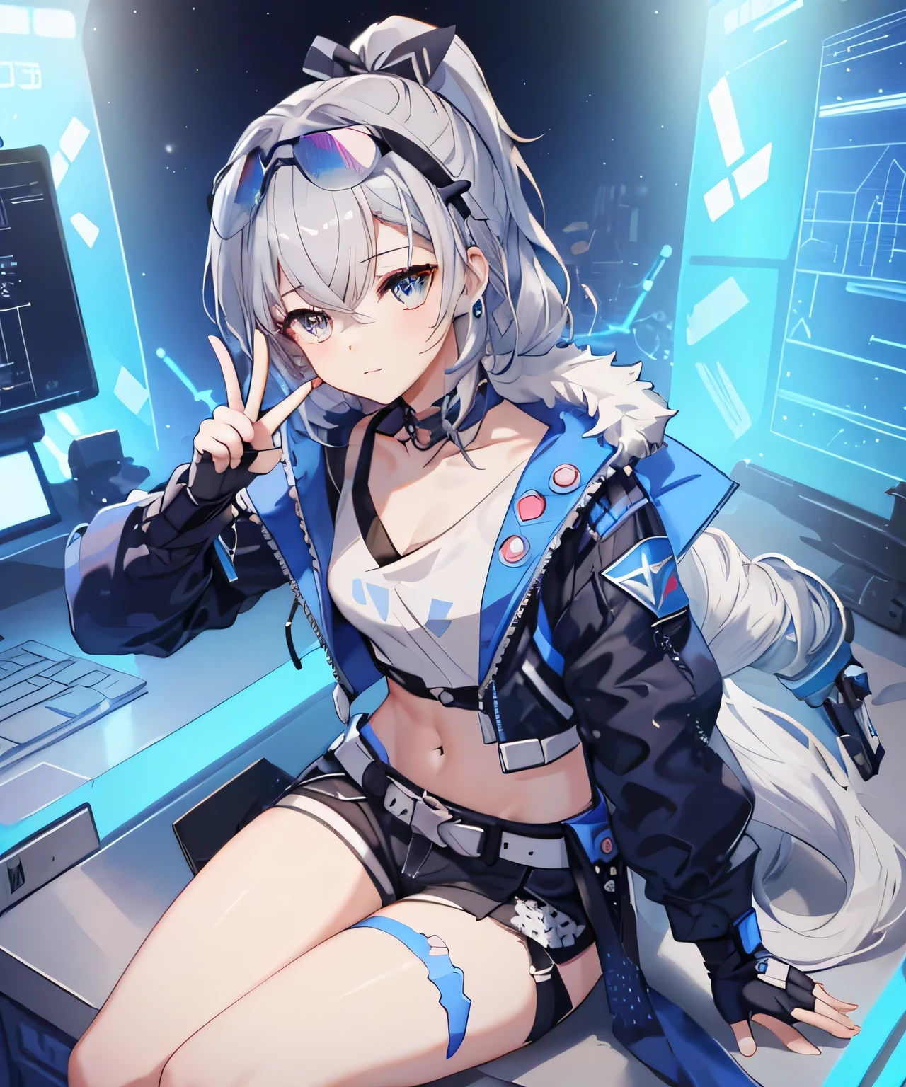 (masterpiece, lifelike,best quality, Extremely detailed CG,beautiful and delicate eyes,super detailed,intricate details,from above),whole body,1 girl,young,13 years old,young,long hair,Metal wool,white hair,high bone tail,Moderate,navel,silver eyes,giggle,((peace sign,sitting,),crown,Wearing blue sunglasses,fingerless gloves,cyberpunk jacket),Detailed background((space station,Fluorescent blue light,Holy Aura,Science fiction theme)), 