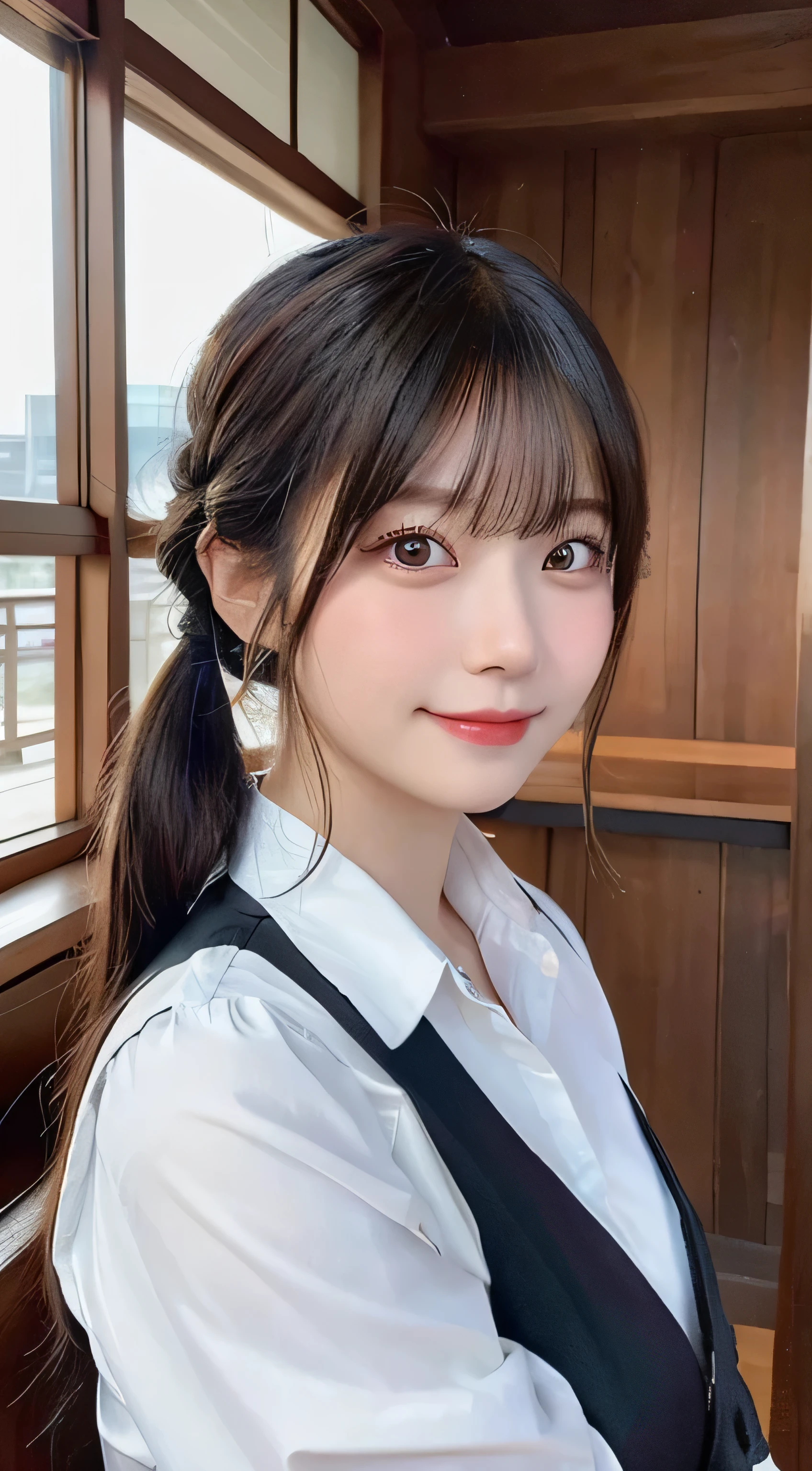 (top-quality,​masterpiece:1.3,超A high resolution,),(ultra-detailliert,Caustics),(Photorealsitic:1.4,RAW shooting,)Ultra-realistic capture,A highly detailed,High resolution 16K human skin close-up。 Skin texture  natural、,The pores are、Must be detailed enough to be easy to identify。 Skin should look healthy with even tones。 Use natural light and color,resturant,Waitress uniform,女の子1人,japanes,18year old,kawaii,A dark-haired,poneyTail,Ultramammy,A smile,(front-facing view),Looking at the camera,cowboy  shot,Subjective point of view