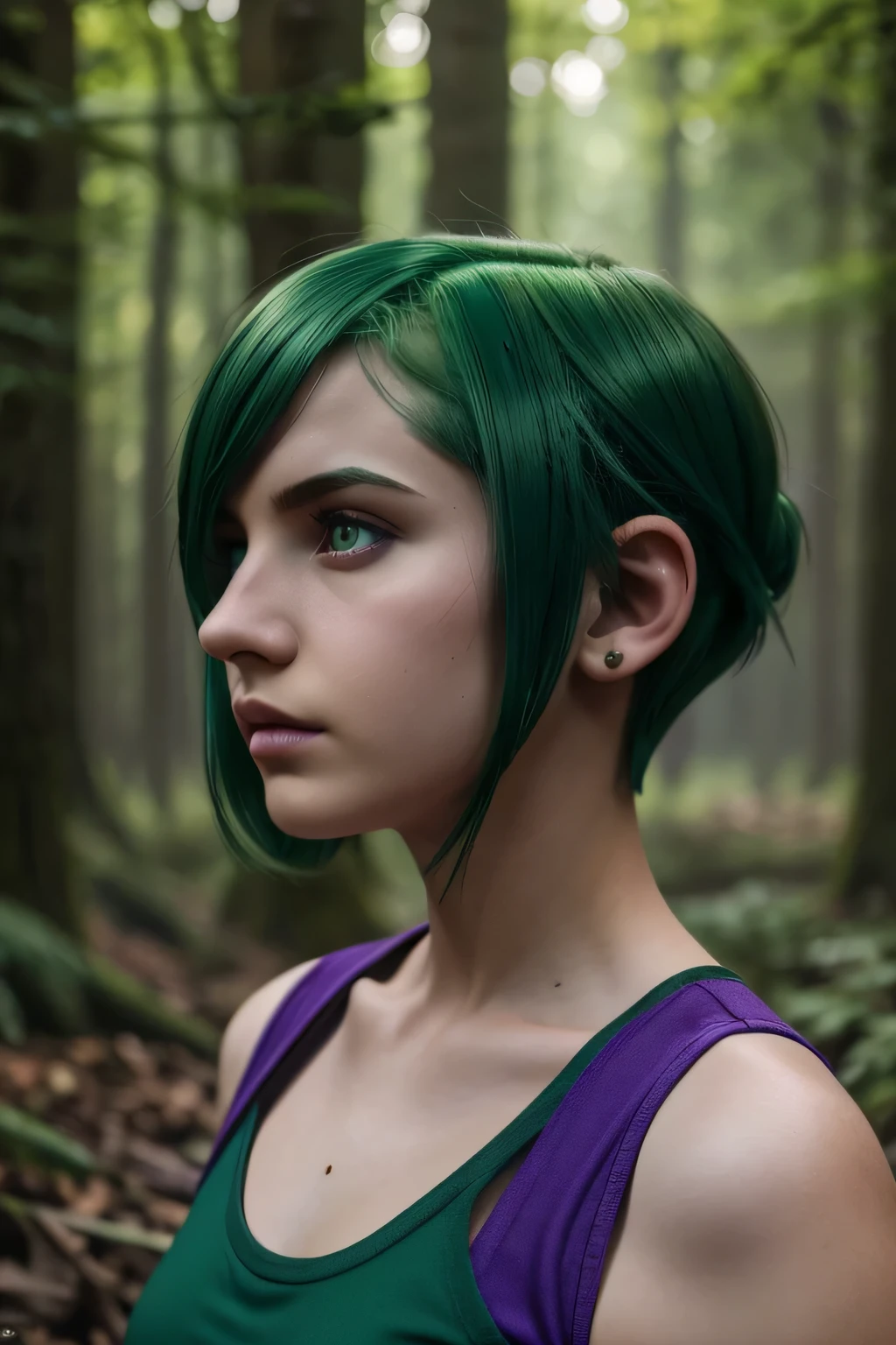 ratte867, 1girl, solo, (forest green hair:1.2), Asymmetrical haircut, (violet clothes:1.2) masterpiece, best quality, photorealistic, realistic, (RAW photo, 8k uhd, film grain), caustics, subsurface scattering 