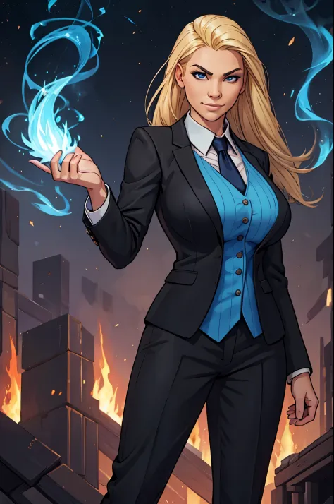 busty young adult blonde human female, smug facial expression, black pin-stripe business suit and dress pants, wielding a magica...