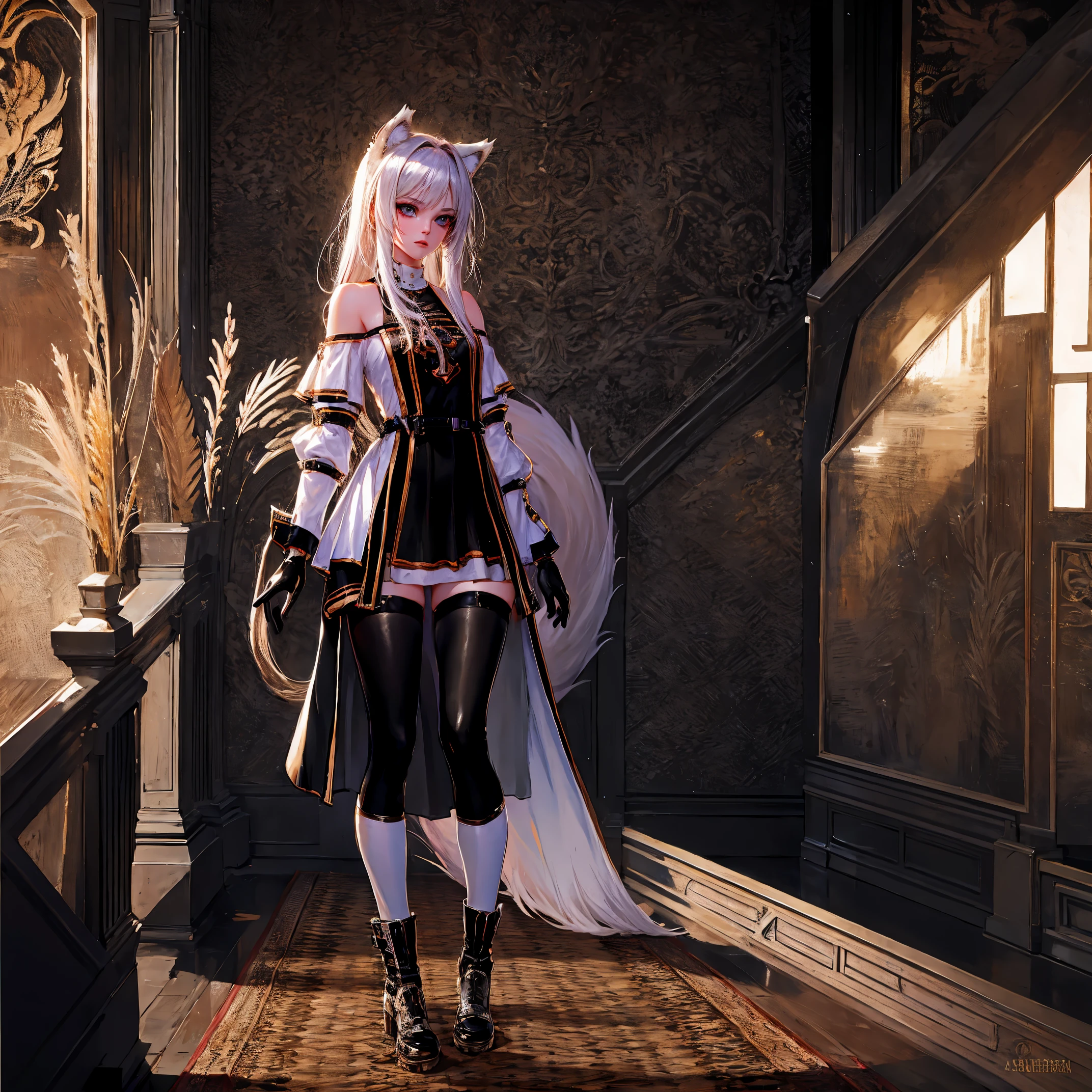 8k, resolution, high quality, high resolution, best quality, best resolution, absurd resolution, ray tracing, high detailed, masterpiece, extremely detailed,shoulder length white hair, female,white 2 wolf ears, teenage girl, slim body, white scale dragon tail,black boots,black leggings, school skirt, white jacket, medium size chest, detailed blue eyes, detailed beautiful face,solo female,1 dragon tail, detailed eyes, tomboyish