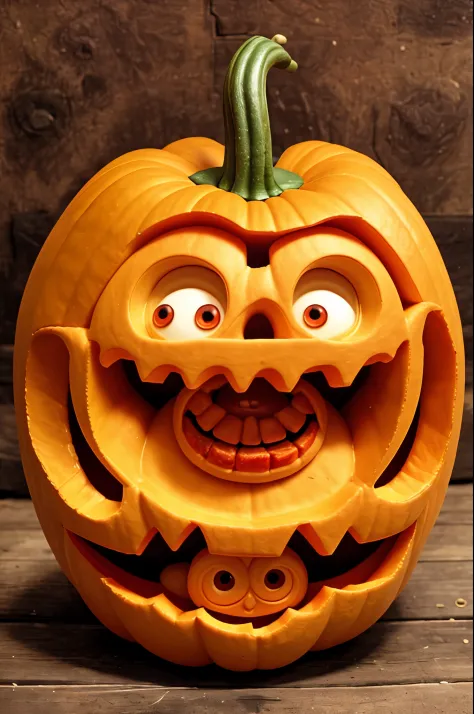 A creepy pumpkin is carved to resemble a scary monster