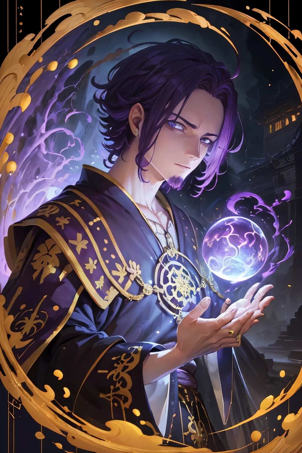 ((best qualityer)), ((work of art)), ((ultra realisitic)),(handsome man, cabelo roxo, mohawk hair, purples eyes:1.2), beautiful intricately detailed soft oil painting of a looming tenebrosa lord, 1 men, Evil Wizard with Glowing Eyes, frown detailed face, intricately embroidered robes, terrifying, tenebrosa, Evil castle on a stormy night, lightening, Raby, casting a spell, (comiс style), glowing Rabybow colored magic, purple mohawk
