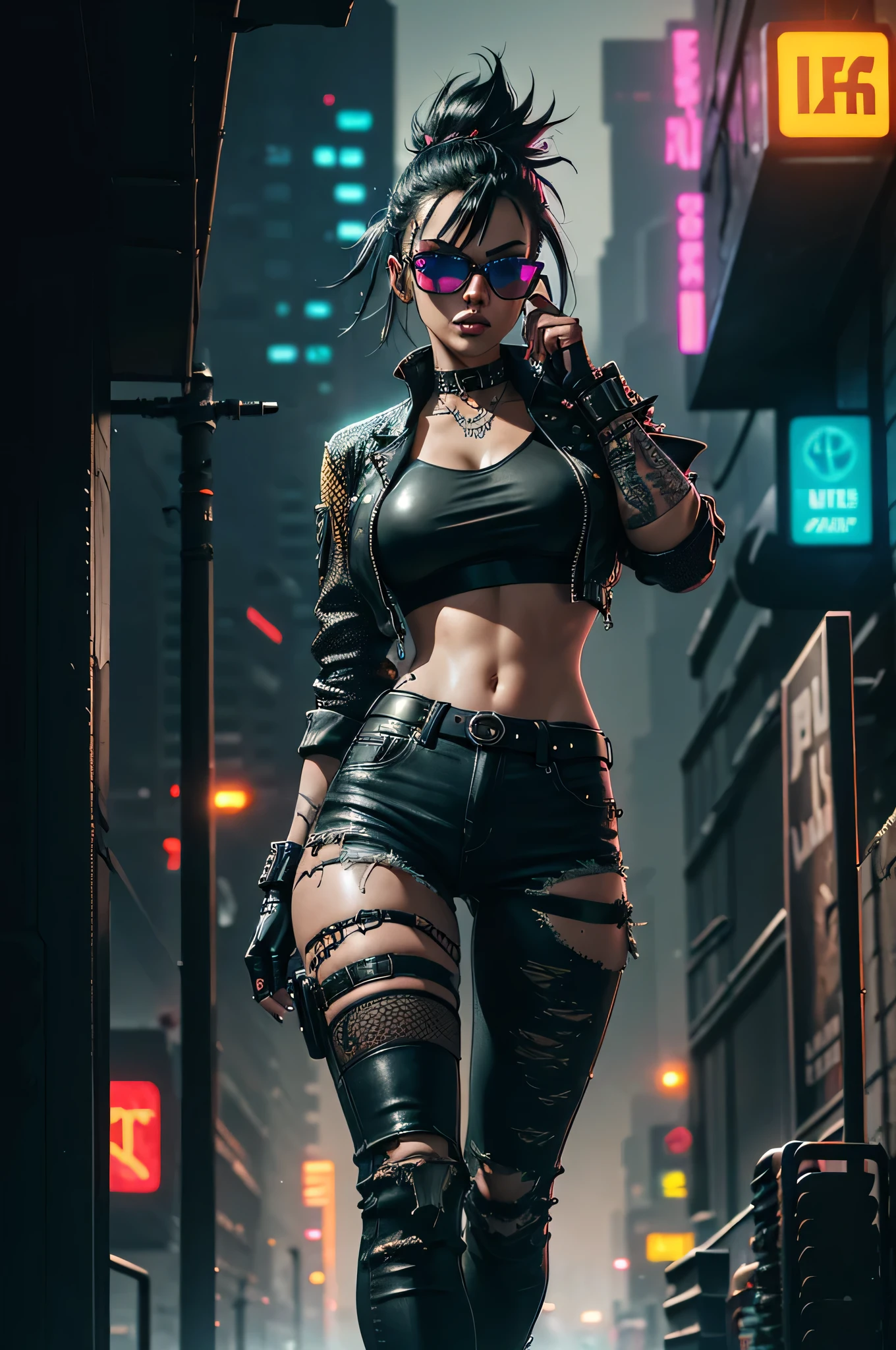 best qualityer, ultra detali, proffesional, sexy cyberpunk rocker, Yellow and black hair, fishnet top and camouflage bikini, tight dark jeans, bright coloured, sharp focus, portraits, punk makeup, fundo futuristico, neon lights, smoke effects, leather jacket, high-heels, confident expression, urban landscape, bold style, Dynamic Posture, urban backdrop, energetic atmosphere, sandy textures, cyber enhancements, bright tattoos, intense stare, Electric guitar, Rebel attitude, dark and moody, neon-lit streets, stylish sunglasses, metal accessories, Digital art style, Bold and dramatic, dystopian vibrations, powerful presence, feroz e sexy, urban fashion, Energy lighting.