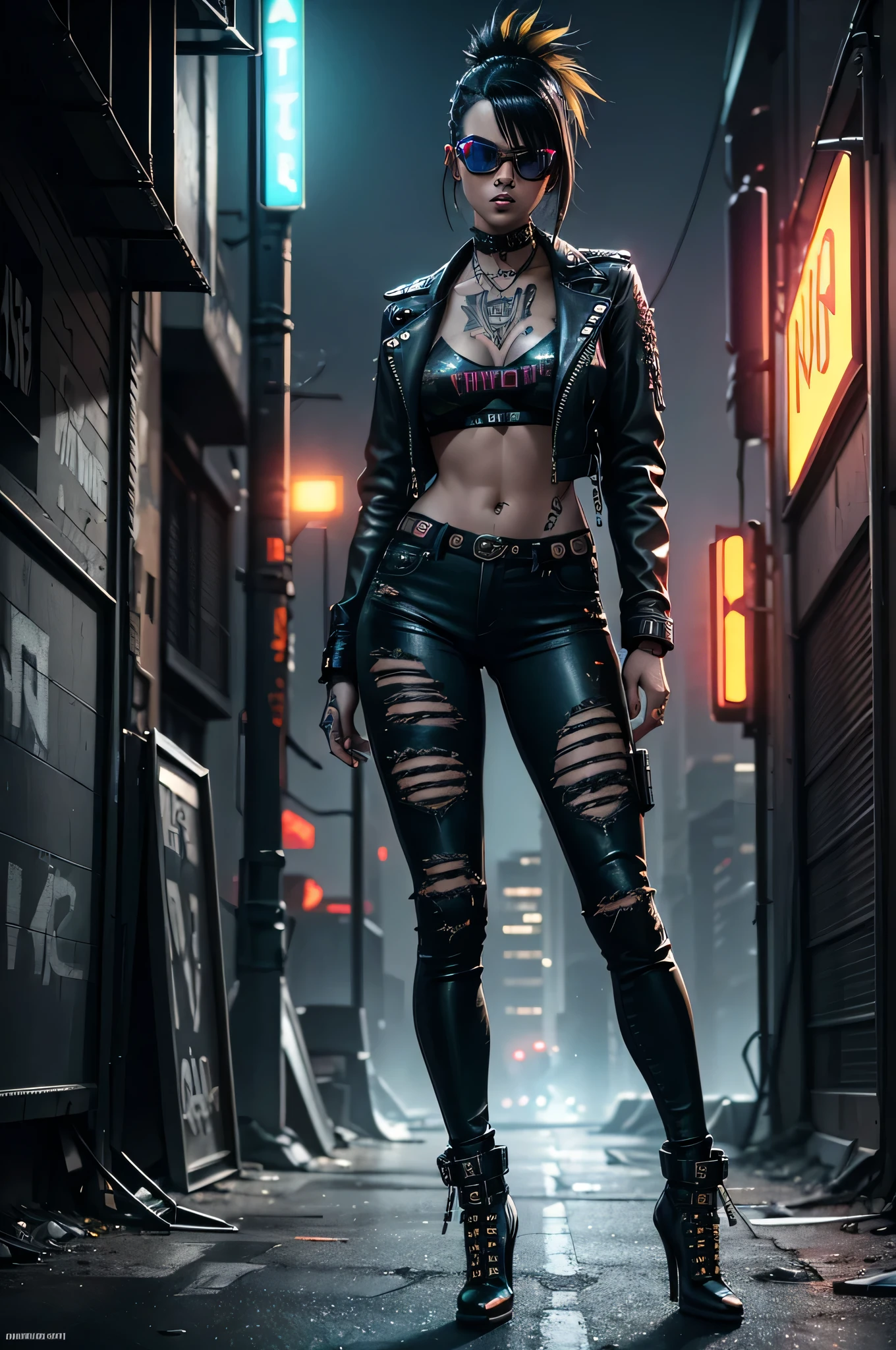 mejor calidad, ultra detallado, profesional, roquera sexy cyberpunk, Cabello amarillo y negro, top de red y bikini de camuflaje, jeans oscuros ajustados, colores vivos, enfoque nítido, Retratos, maquillaje punk, Fondo futurista, Luces de neón, Efectos del humo, Chaqueta de cuero, salto alto, expresión segura, paisaje urbano, estilo atrevido, postura dinámica, urban backdrop, atmósfera energética, Texturas arenosas, Mejoras cibernéticas, tatuajes brillantes, mirada intensa, Electric guitar, atitude rebelde, Oscuro y de mal humor, calles iluminadas con neones, gafas de sol con estilo, accesorios metálicos, Estilo de arte digital, audaz y dramático, Vibraciones distópicas, poderosa presencia, feroz e sexy, moda urbana, Energía de iluminación.