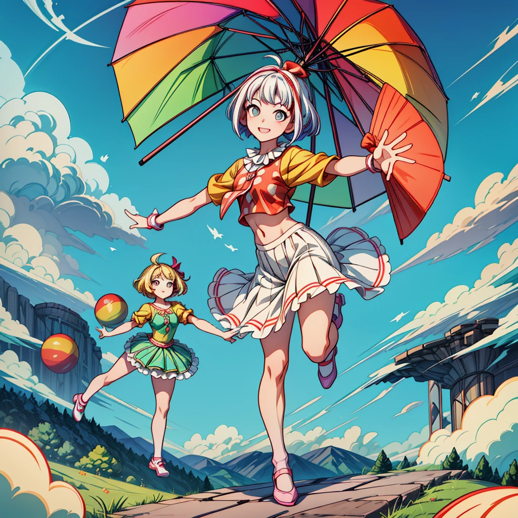 masterpiece, High-quality, High-resolution, Anime-style, Colorful, Low-angle, Full-body, Front-facing, Cute girl clown, Bright lighting, Umbrella, Acrobatic pose, Painted face, Smiling, Bob cut hairstyle, Colorful hair, Circus outfit, Large eyes, Smile, Colorful eye, Smooth skin texture, Normal skin exposure, Normal bust size, Young age, Petite body type, Cute, No accessories, Umbrella as an item, Circus shoes, No embroidery, Circus tent location, Colorful landscape background, Highlighting effects for clown performance, Circus tent structure, Wind as a natural element, Clear weather, Daytime, Carnival atmosphere, (The background is rich and delicate), 