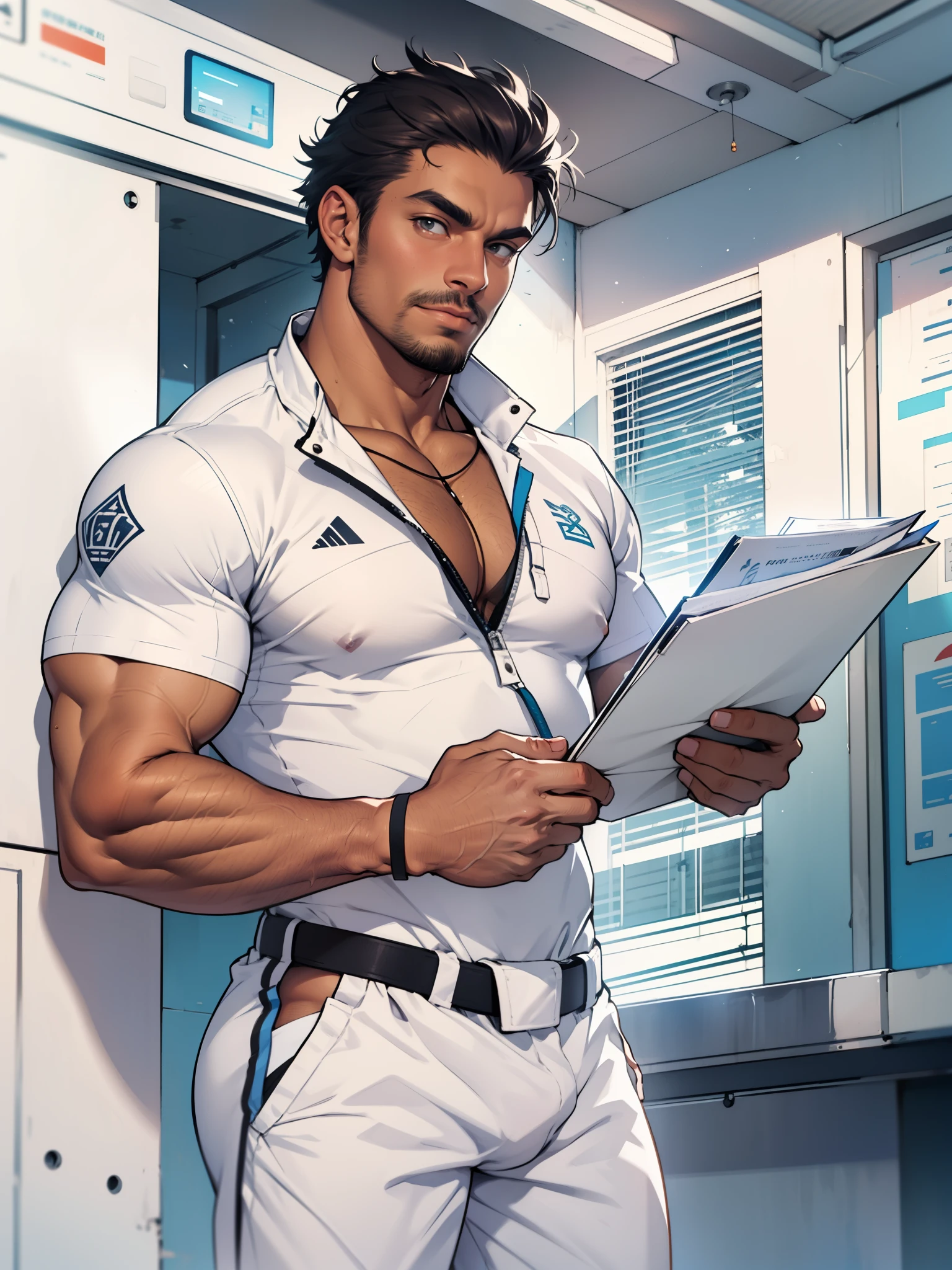 sexy mature daddy, skin tanned, Big bulge, darker skin, stubbles, muscular, skilled architect, Plant in hand, modern construction site, visionary look