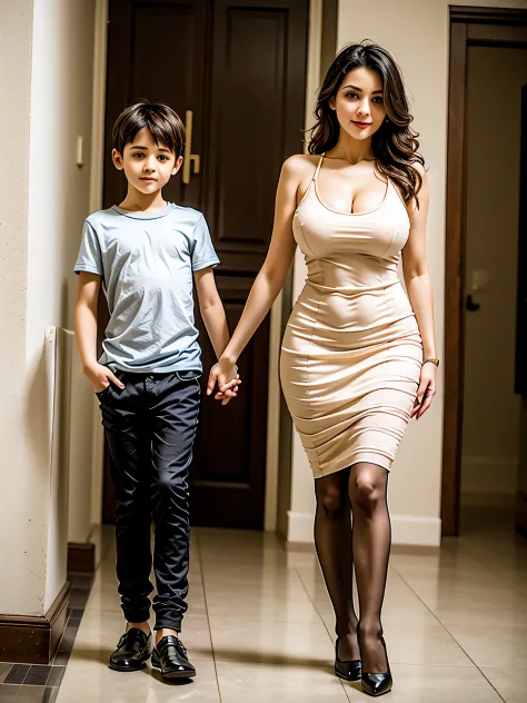 Beautiful cute arabian Mother and young son. Full body. Sexy. Colorful outfit. busty. Thicc thighs