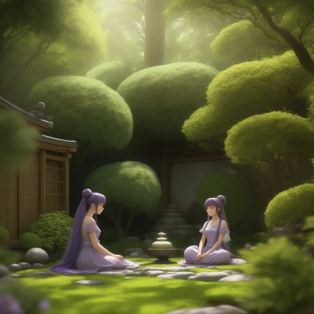 a beautiful 15 year old girl, light purple long hair, dark green hair buns, elaborate hairstyle, sitting in a zen garden,  fairy...