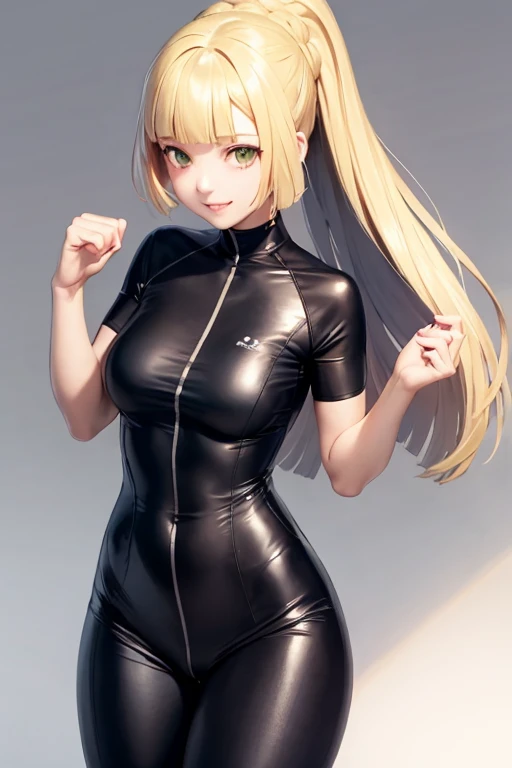 masterpiece, best quality,  lillie \(pokemon\), 1girl,blonde hair, braid,ponytail,blunt bangs,green eyes,short sleeves, tight suit, fighting suit, slightly muscular, big tits, sexy pose,
grey background, cowboy shot, smile,