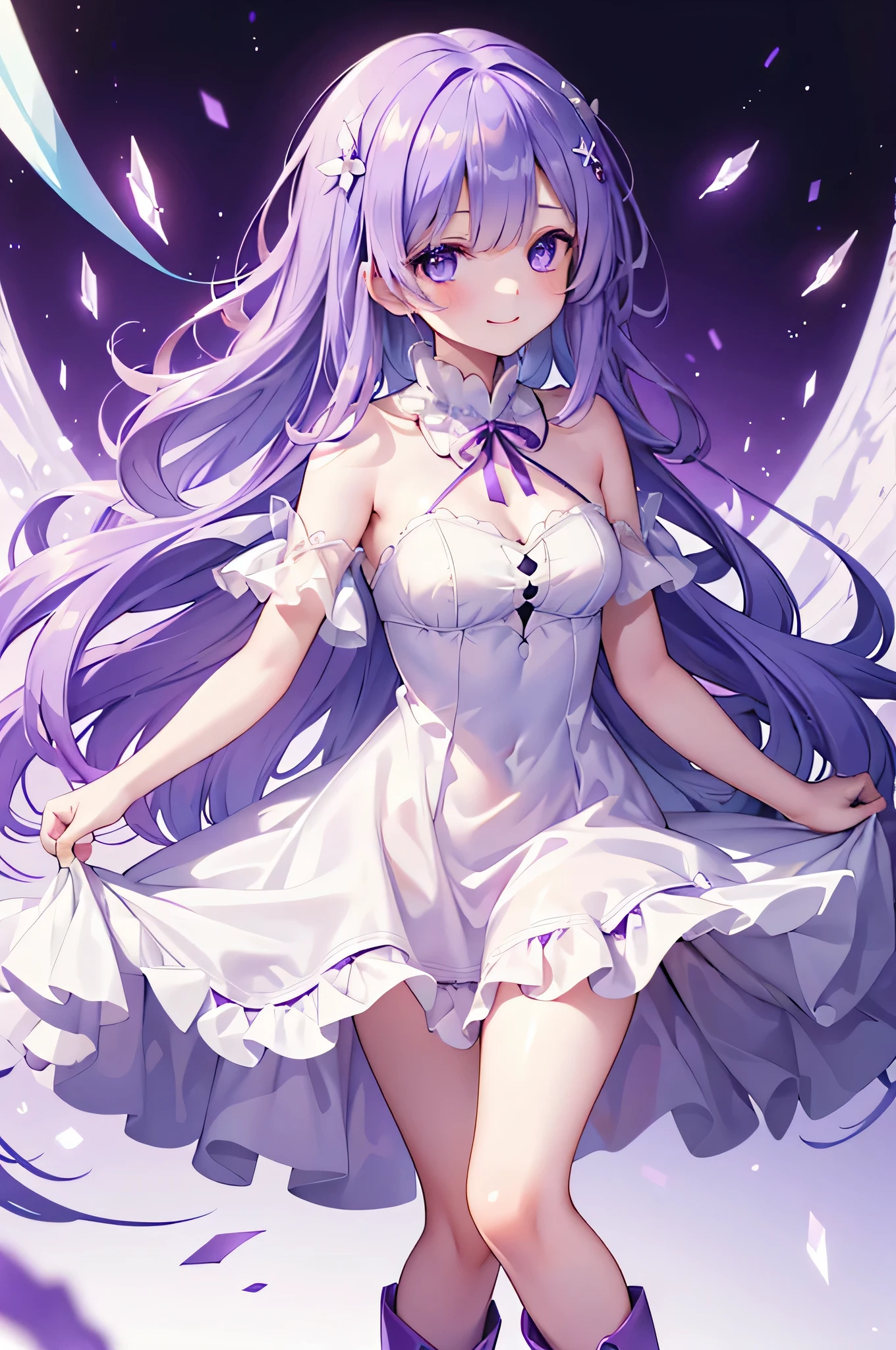 (debris flies, highest quality, ultra high resolution),1 girl,suit , beautiful and detailed face, 細かいeye,((purple theme)),((whole body)),完璧なeye、no background,white background,((wearing purple boots)),((Cute fluffy white dress)),Isshiki、model、beautiful thin legs、slender body,スーパーmodel、laughter、smile、鋭いeye,半eye,eye（1:5）