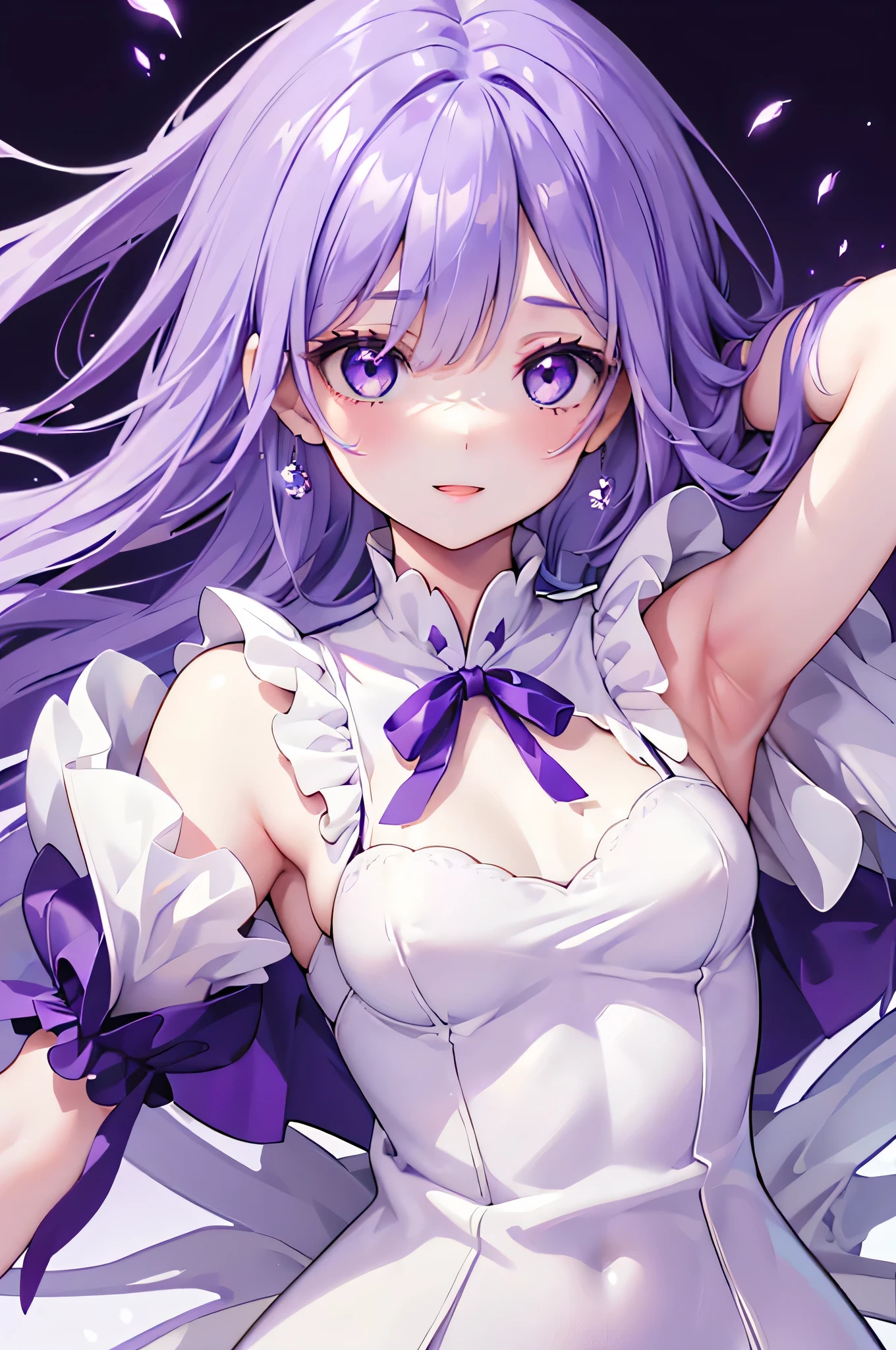 (debris flies, highest quality, ultra high resolution),1 girl,suit , beautiful and detailed face, fine eyes,((purple theme)),((whole body)),perfect eyes、no background,white background,((wearing purple boots)),((Cute fluffy white dress)),Isshiki、model、beautiful thin legs、slender body,スーパーmodel、laughter、smile、clear eyes