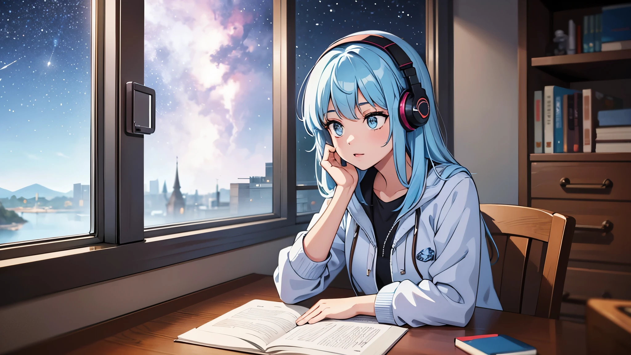 An 18-year-old woman with a heart-shaped face, blemish-free white skin, sky blue hair, and distinct features. She is studying alone in her room, taking notes in a book. The room is calm and has lighting, and the stars twinkle outside the window. You can see her side profile. The night view is shining outside the window. There is a pencil holder for writing utensils in front of her. She wears headphones and listens to music. Her eyes are on the book. The room has a modern interior.