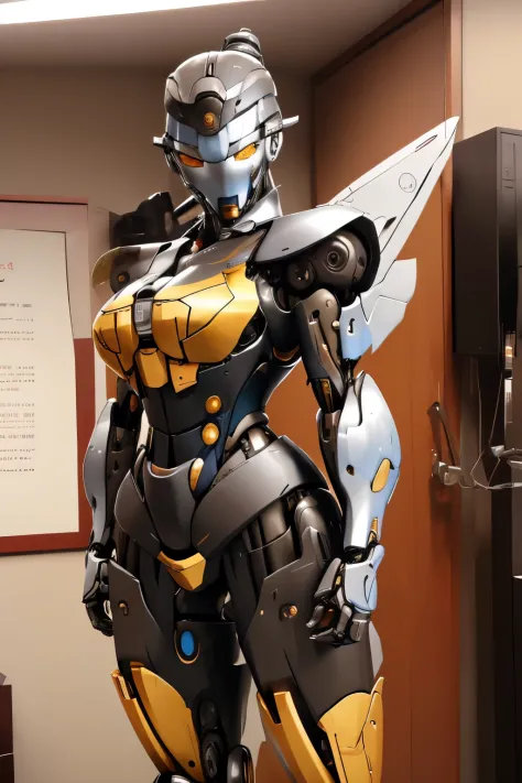 (masterpiece, best quality:1.2),detailed face, detailed eyes, mecha lady, fully robotic, futuristic, ponytail, short hair, large breasts, elegant woman, office, indoors, full body
