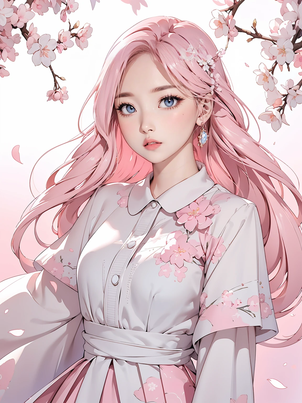 (masterpiece), (highest quality), (super detailed), ((masterpiece)) ((highest quality)) ((super detailed)), light pink hair, pink eyes, pink and white, cherry blossom leaves, Bright colors, white dress, paint splashes, background, ray tracing, long hair, wavy hair
