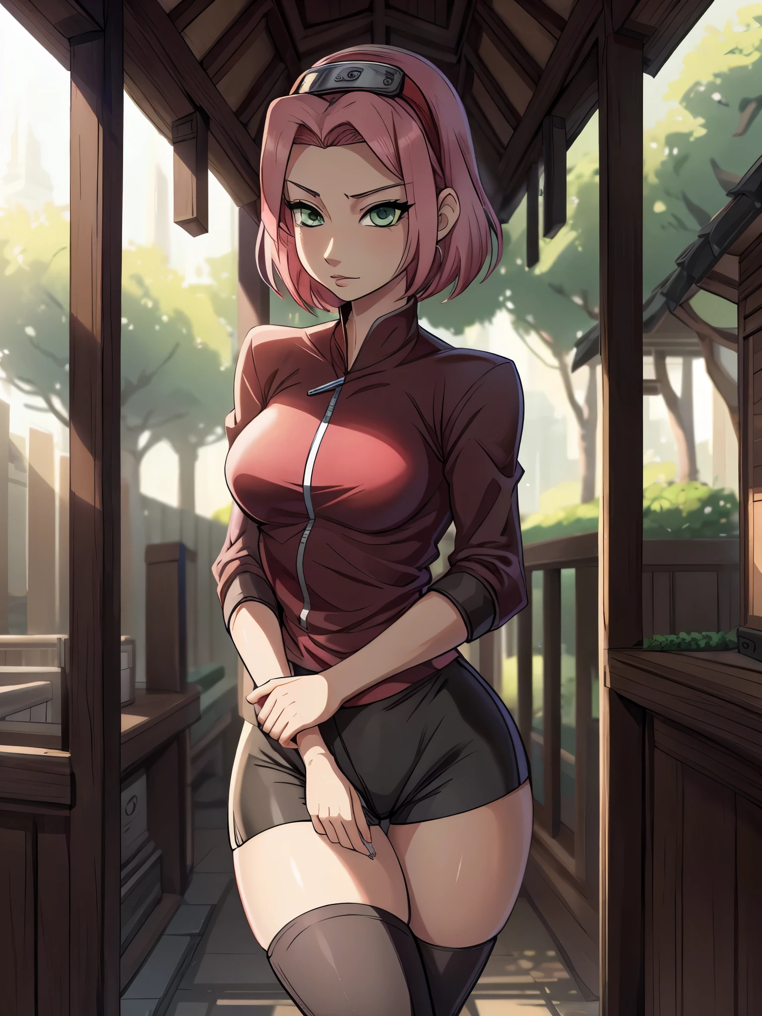 ((ultra quality)), ((masterpiece)), haruno sakuro, naruto, ((pink short hair)), (beautiful cute face), (beautiful female lips), charming, ((sexy facial expression)), looks at the camera, eyes slightly open, (skin color white), (blue skin), glare on the body, ((detailed beautiful female eyes)), ((green eyes)), (juicy female lips), (black eyeliner), (beautiful female hands), ((ideal female figure)), ideal female body, beautiful waist, gorgeous thighs, beautiful small breasts, ((subtle and beautiful)), stands temptingly (close up of face), (sakura haruno clothing, black tight shorts, Hidden Leaf Village Shinobi Clothes) background: hidden leaf village, Naruto Shippuden, ((depth of field)), ((high quality clear image)), (clear details), ((high detail)), realistically, professional photo session, ((Clear Focus)), anime