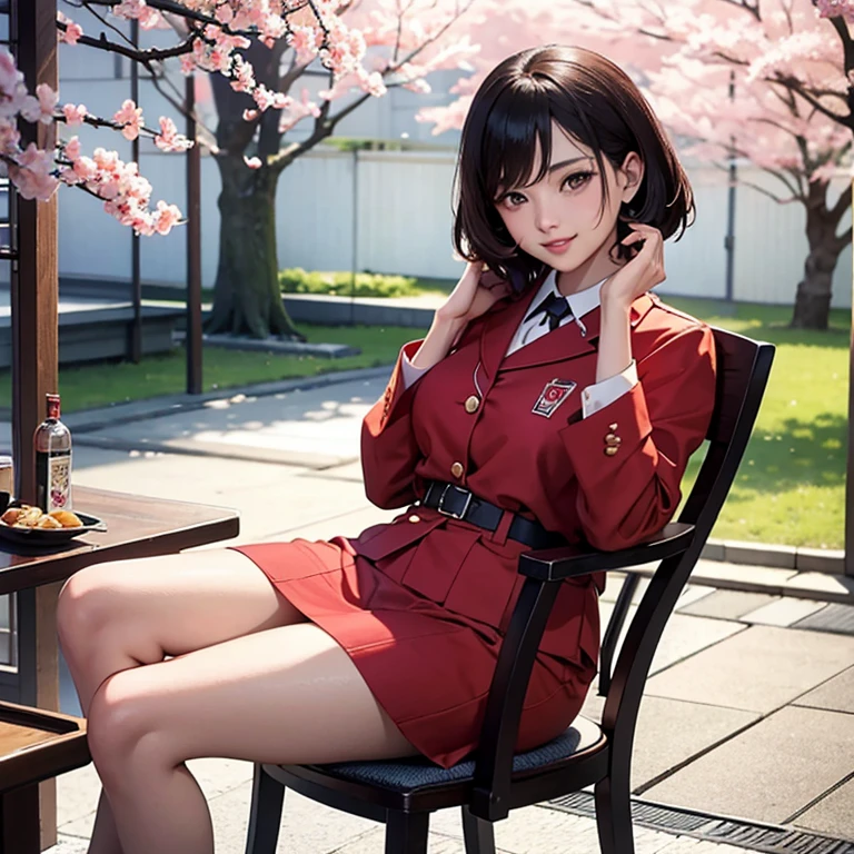 retro pictures, 1960s , AGFA, Kodak, 1 girl, portrait, lookwg for_w_viewer, smile, Japan, Tokyo, Cherry Blossom, octane renderwg, 一人w, rtrophto1, Sit on a chair and open legs, uniform, muste piece, 8k, detailed details