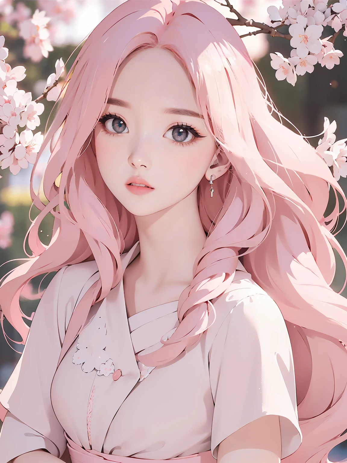 (masterpiece), (highest quality), (super detailed), ((masterpiece)) ((highest quality)) ((super detailed)), light pink hair, pink eyes, pink and white, cherry blossom leaves, Bright colors, white dress, paint splashes, background, ray tracing, long hair, wavy hair
